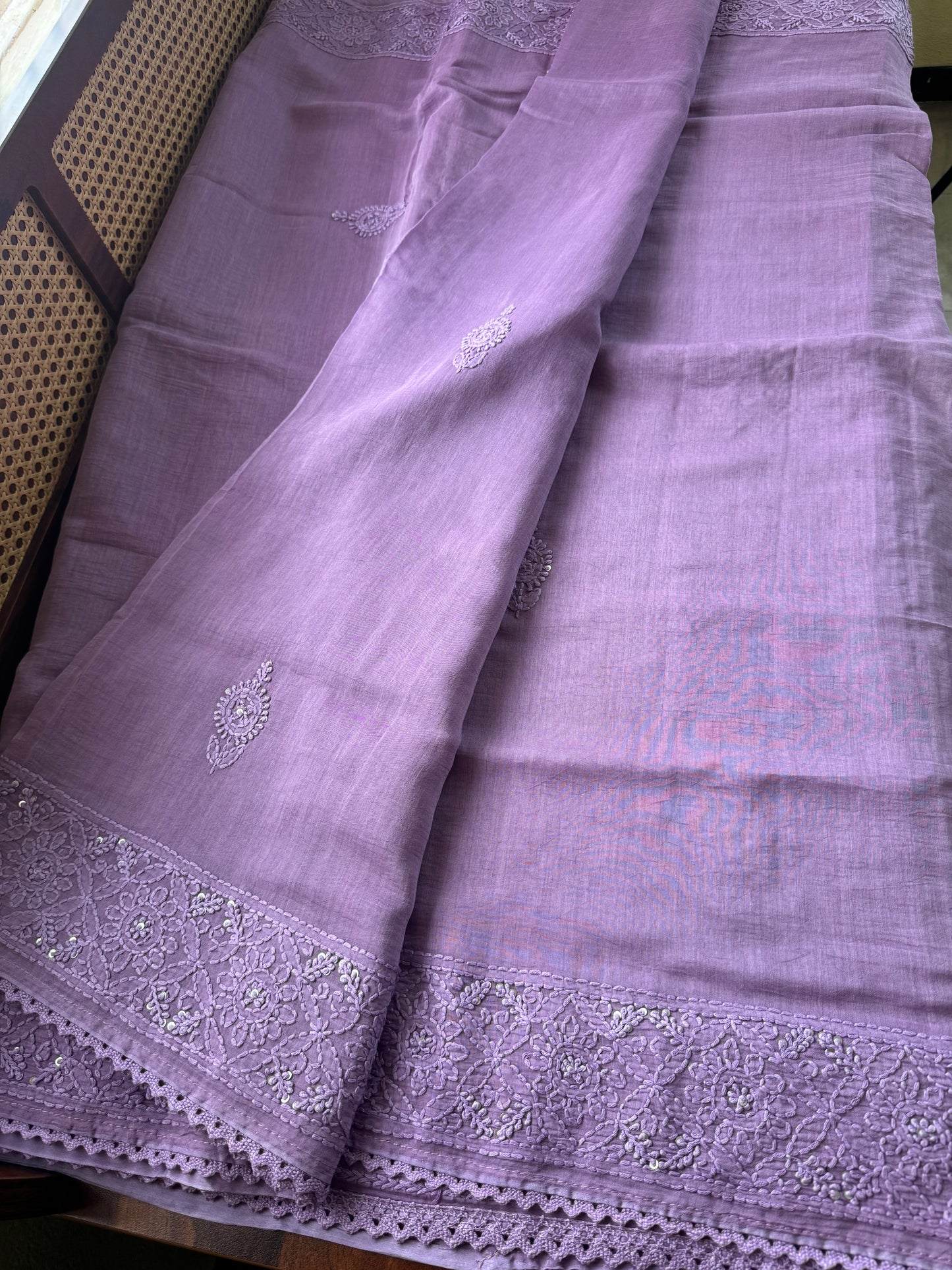 Pure Mul Chanderi Chikankari Saree - Lavender