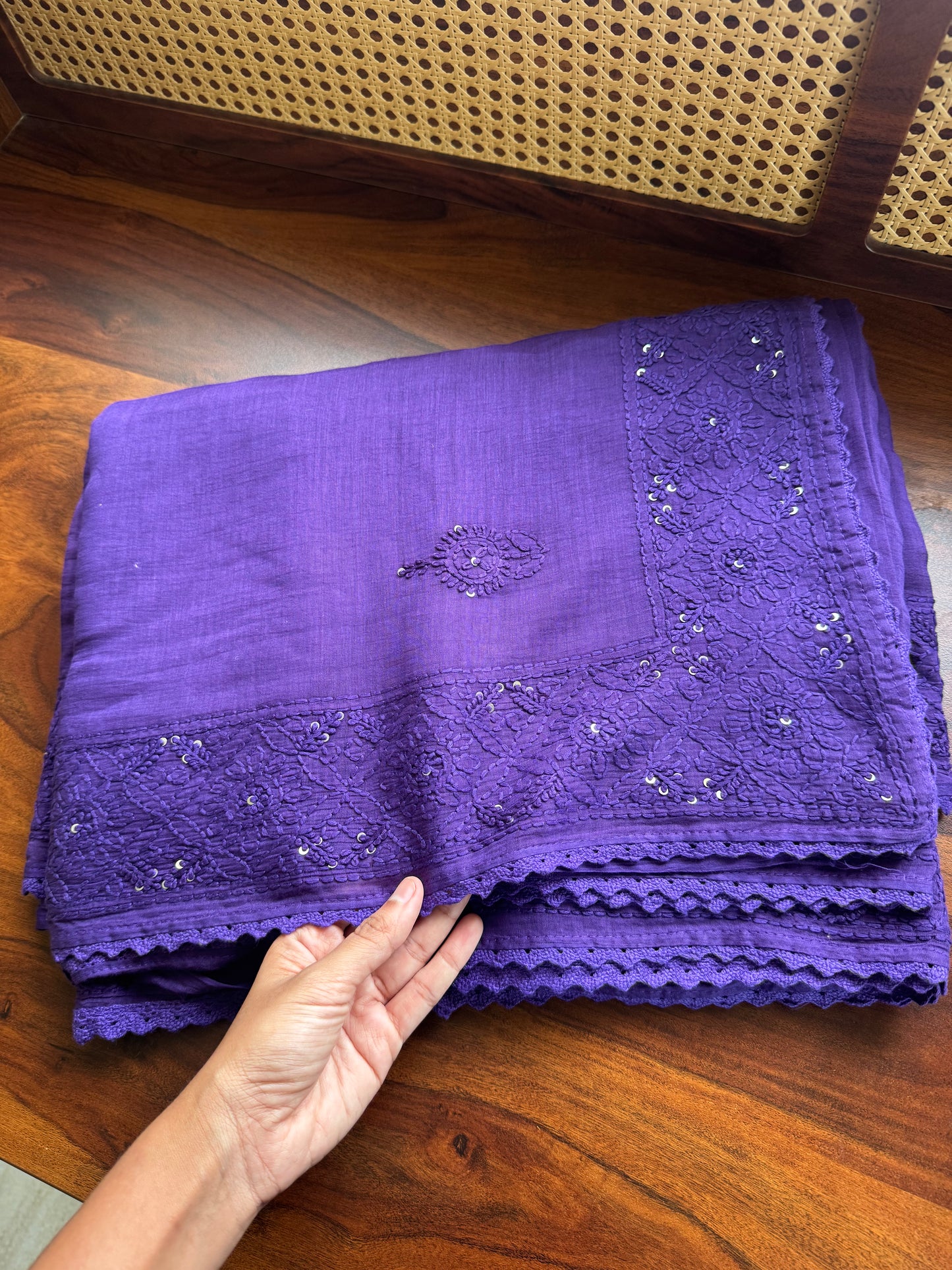 Pure Mul Chanderi Chikankari Saree - Violet