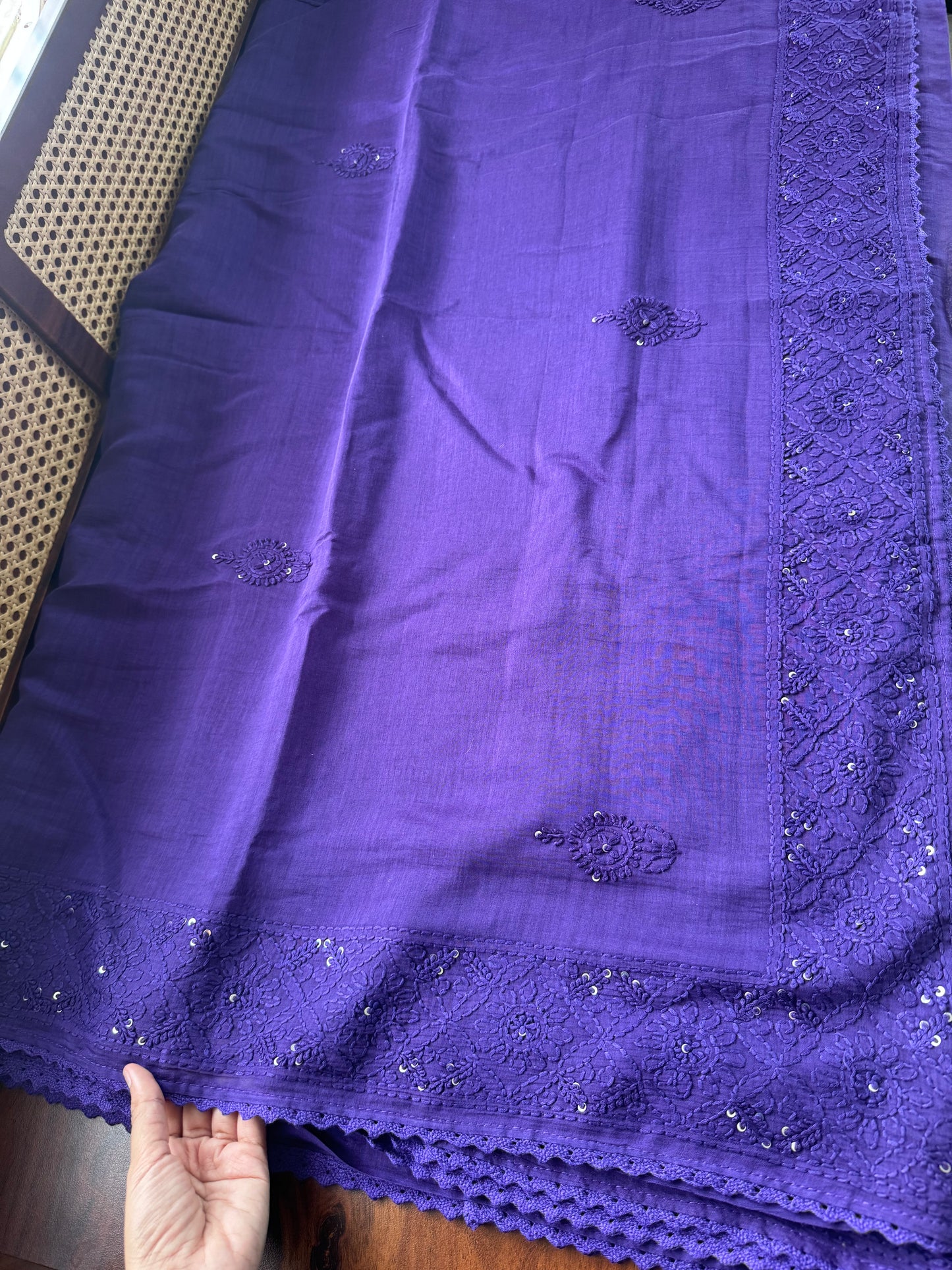 Pure Mul Chanderi Chikankari Saree - Violet