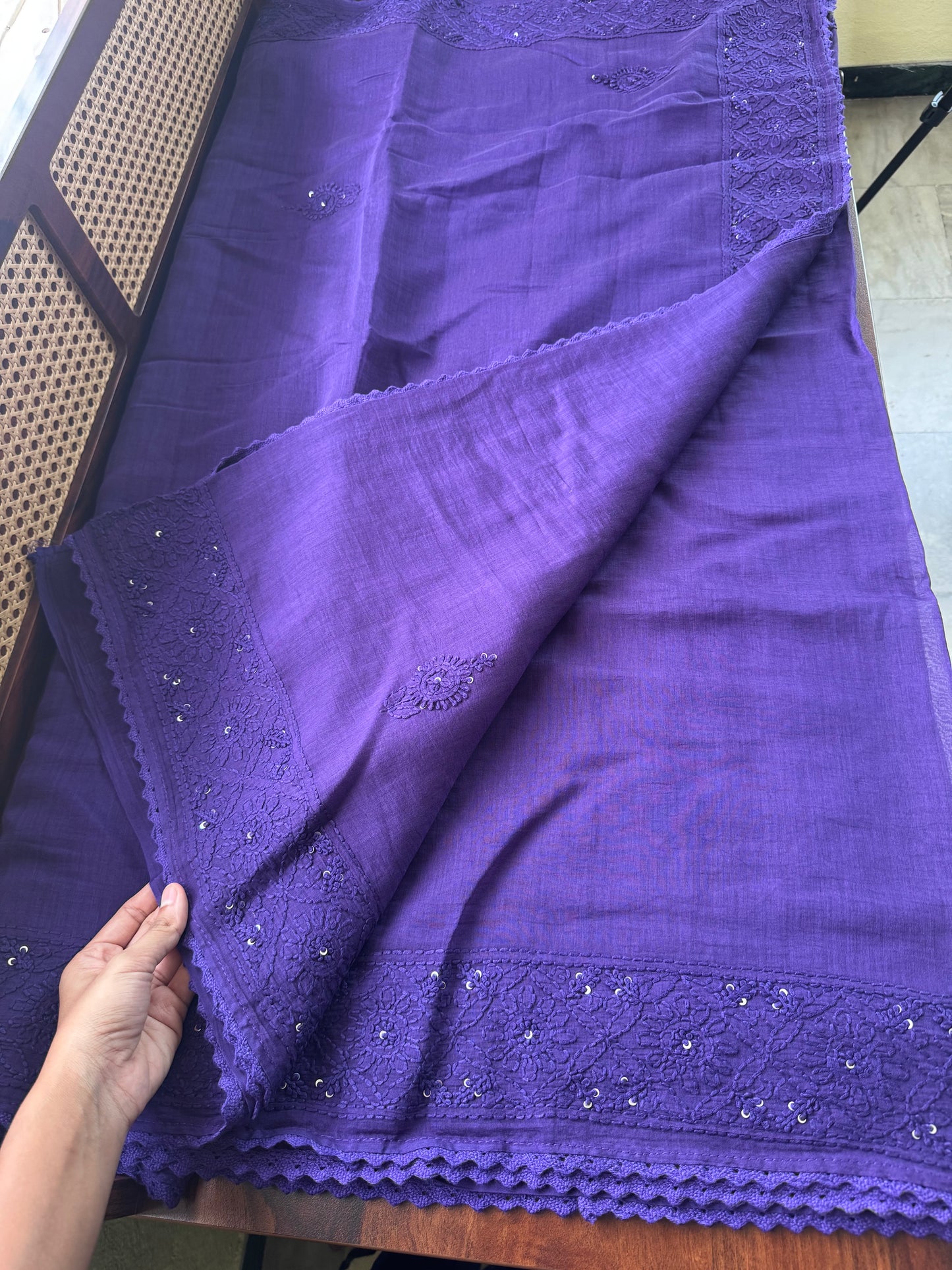 Pure Mul Chanderi Chikankari Saree - Violet