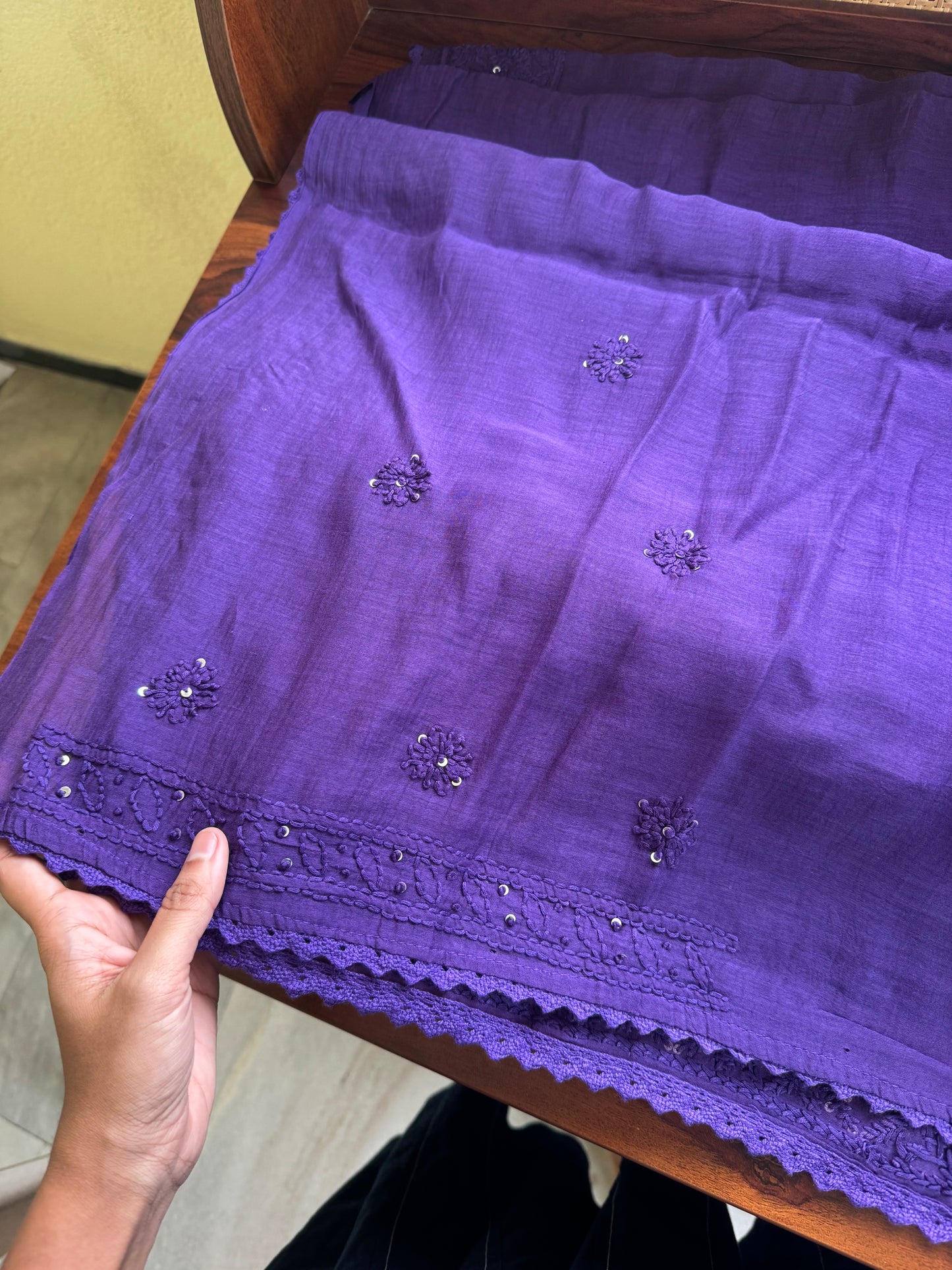 Pure Mul Chanderi Chikankari Saree - Violet