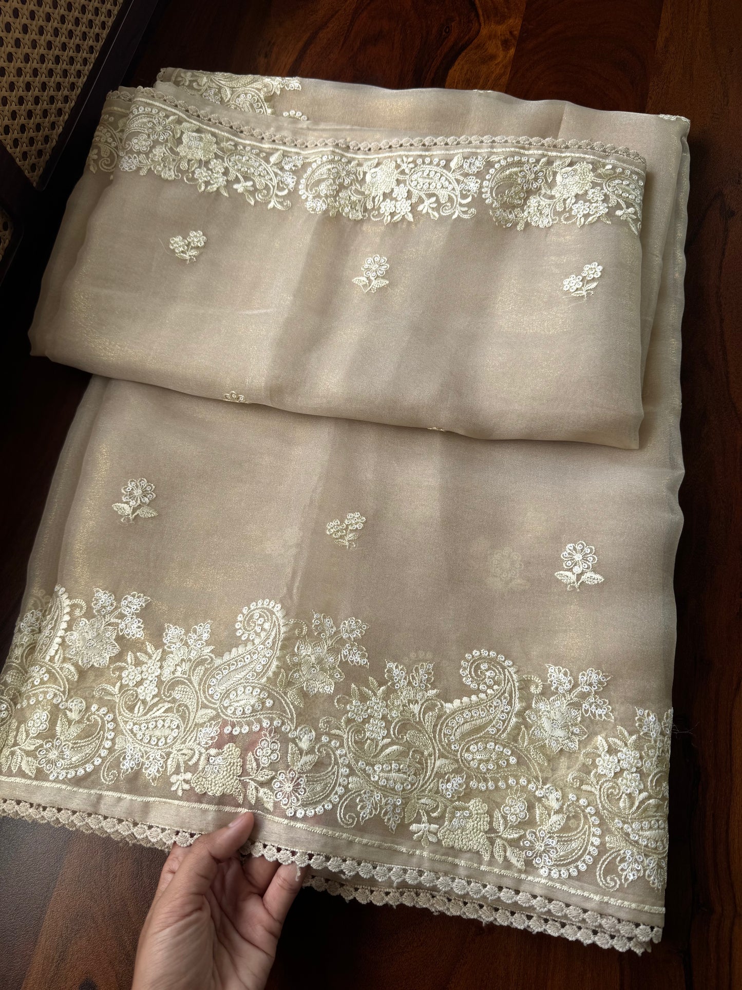 Tissue Organza Saree - Beige Golden