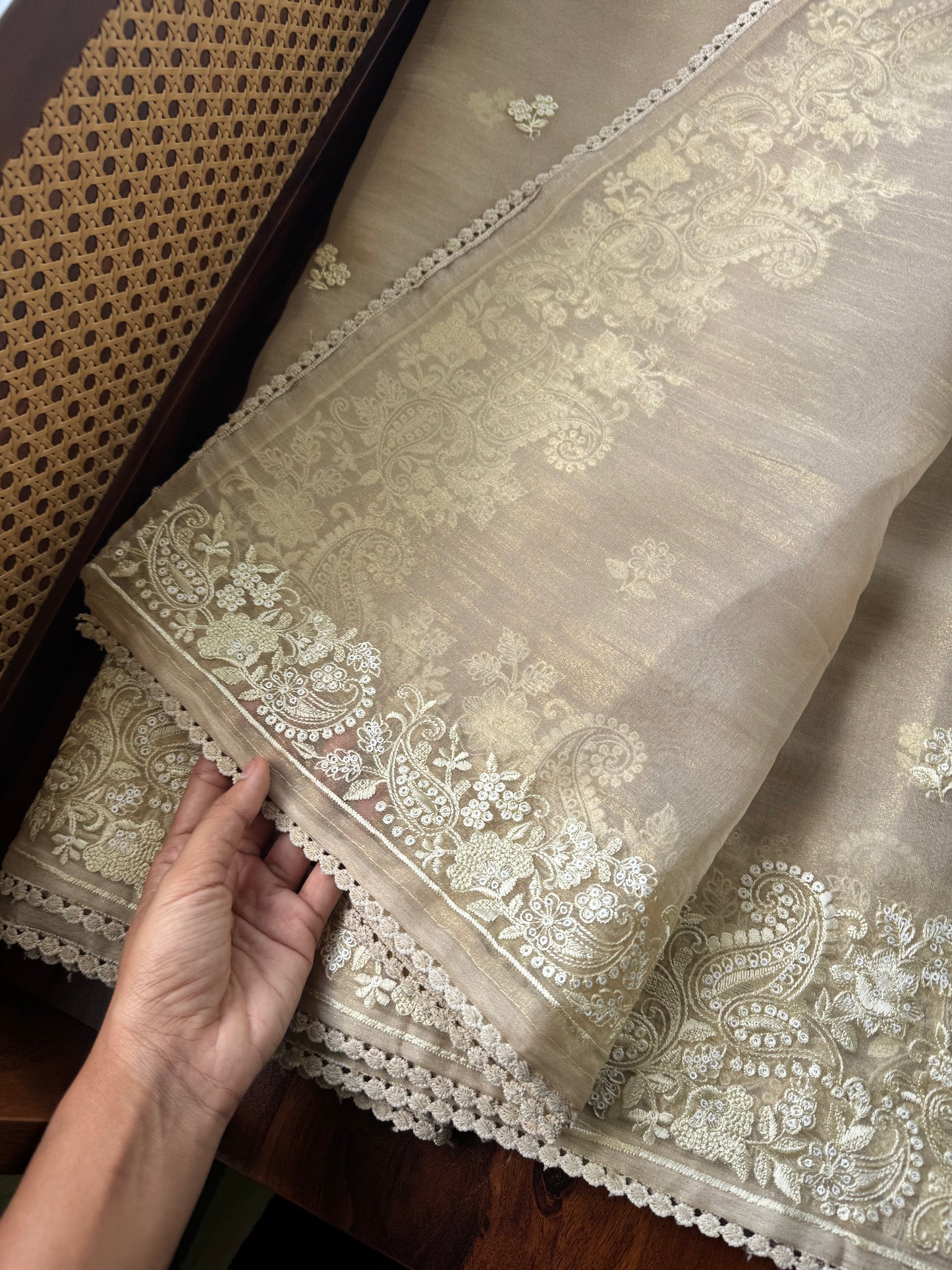 Tissue Organza Saree - Beige Golden