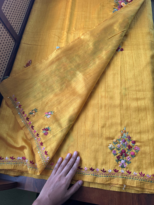 Premium Tussar Blend Saree with Handwork - Yellow