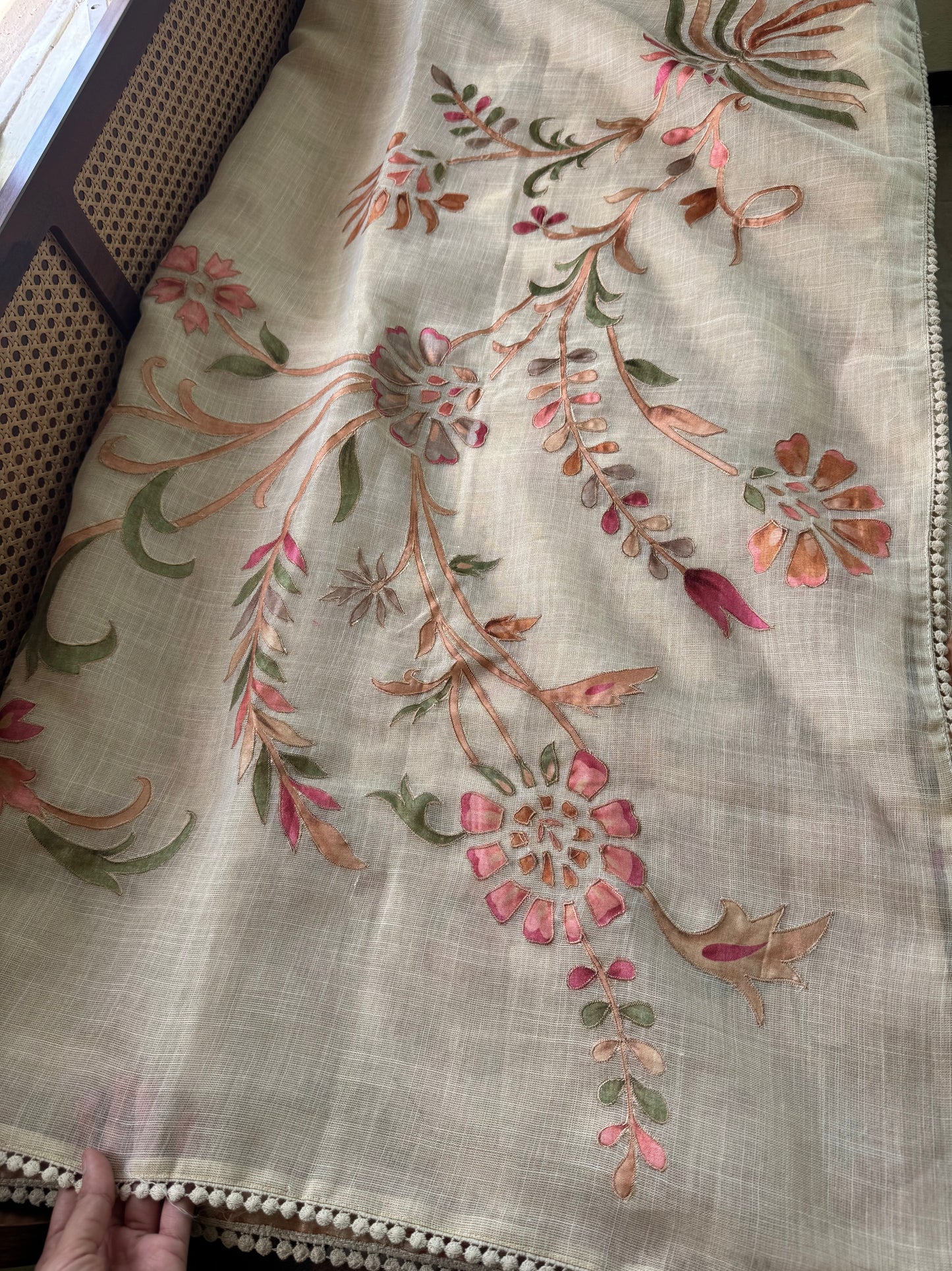 Premium Tissue Linen Sarees with appliqué work - Half White & Multicolour
