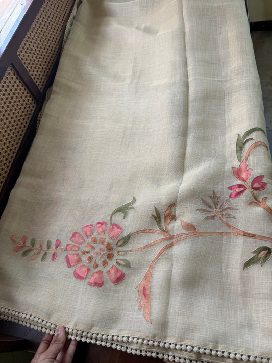 Premium Tissue Linen Sarees with appliqué work - Half White & Multicolour