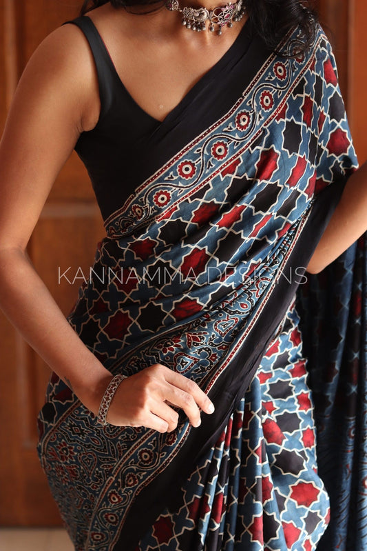 Ajrakh Modal Silk Saree - Indigo
