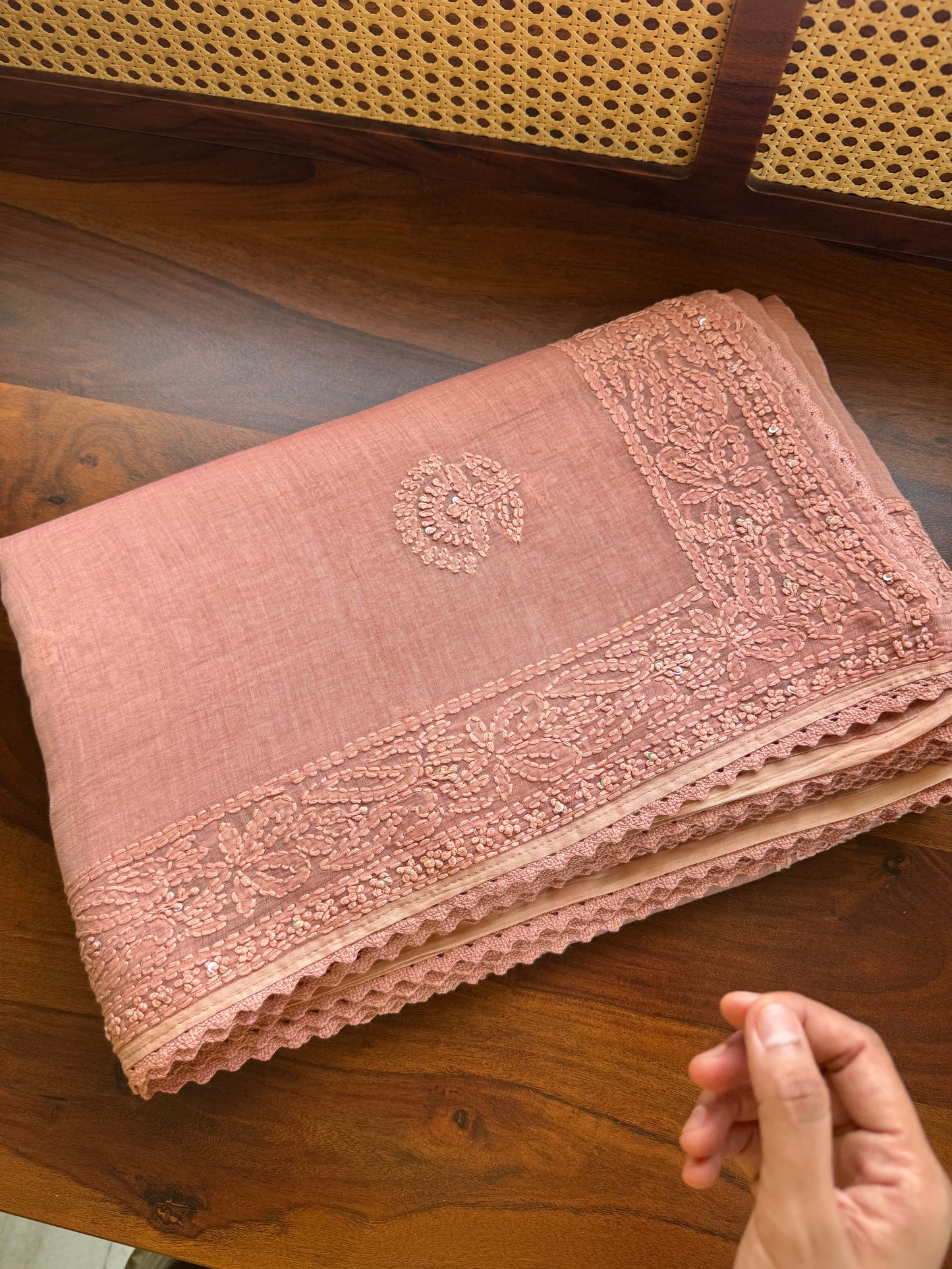 Pure Mul Chanderi Chikankari Saree - Pastel Peach