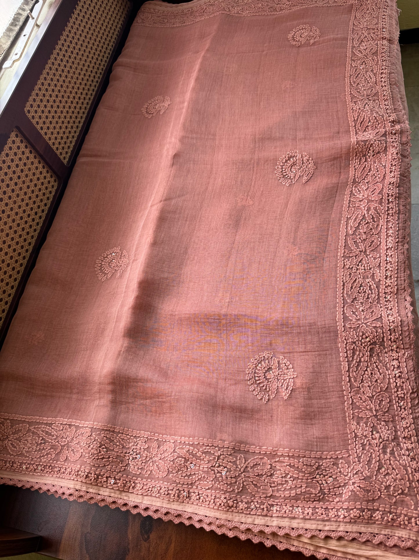 Pure Mul Chanderi Chikankari Saree - Pastel Peach