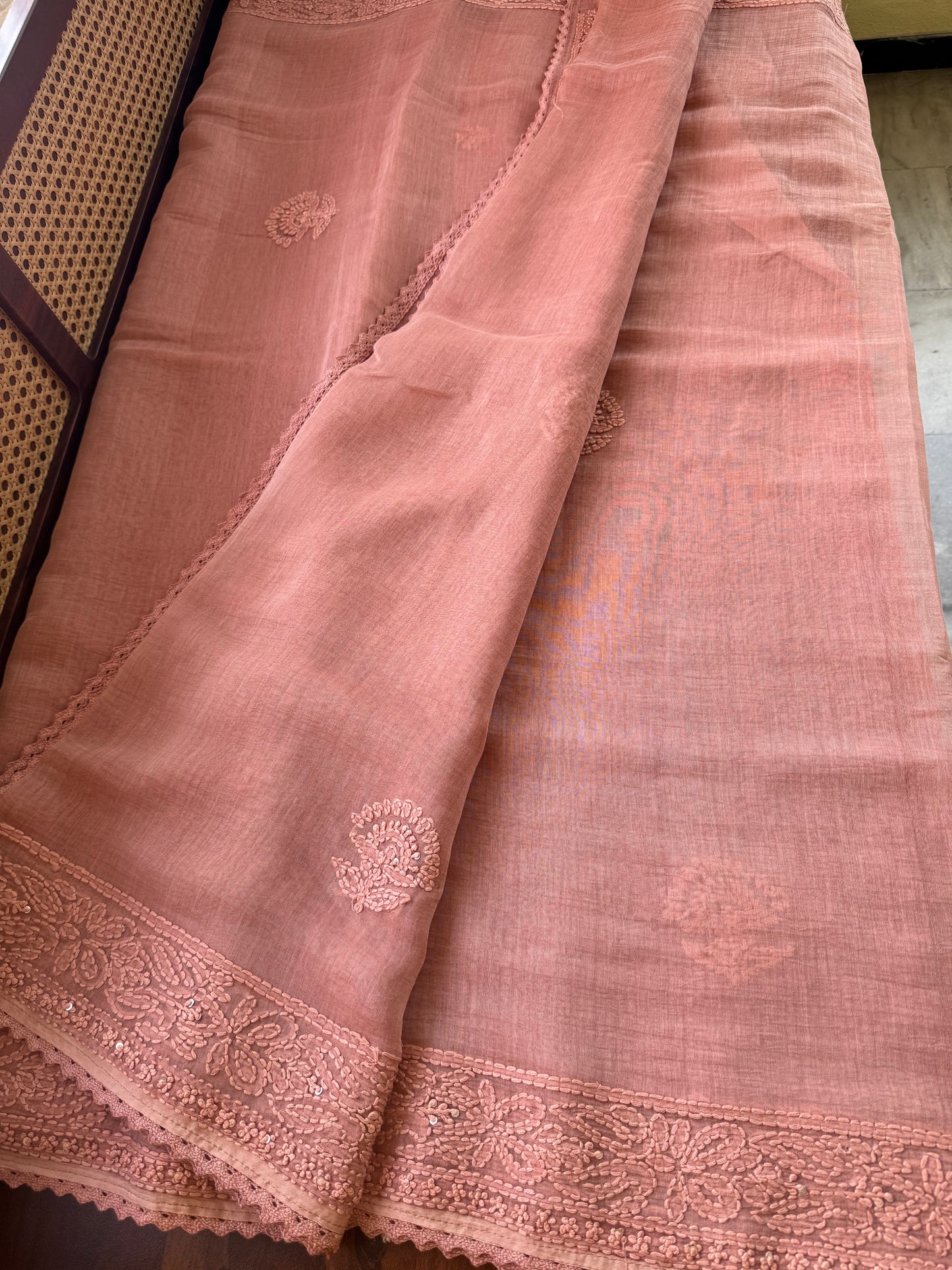 Pure Mul Chanderi Chikankari Saree - Pastel Peach