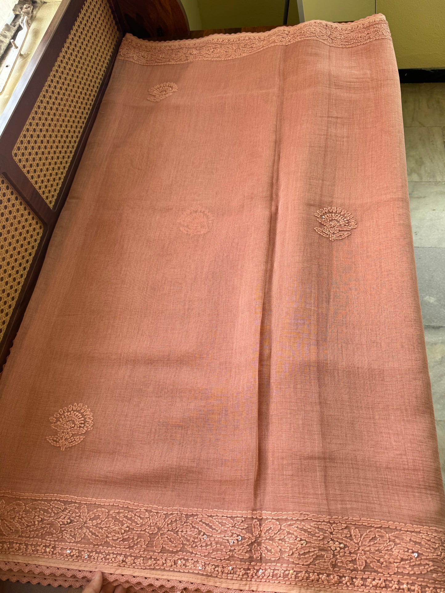 Pure Mul Chanderi Chikankari Saree - Pastel Peach