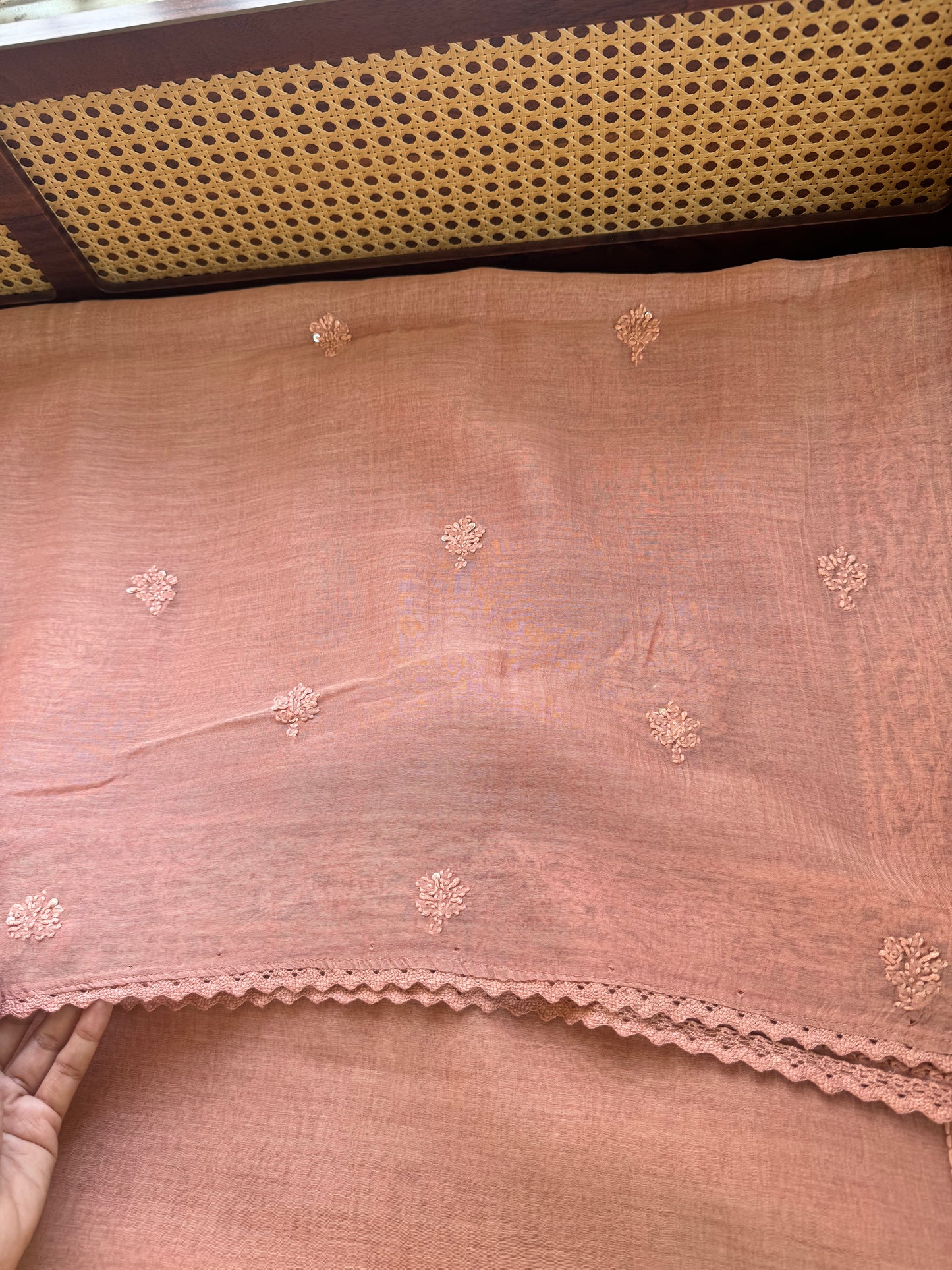 Pure Mul Chanderi Chikankari Saree - Pastel Peach
