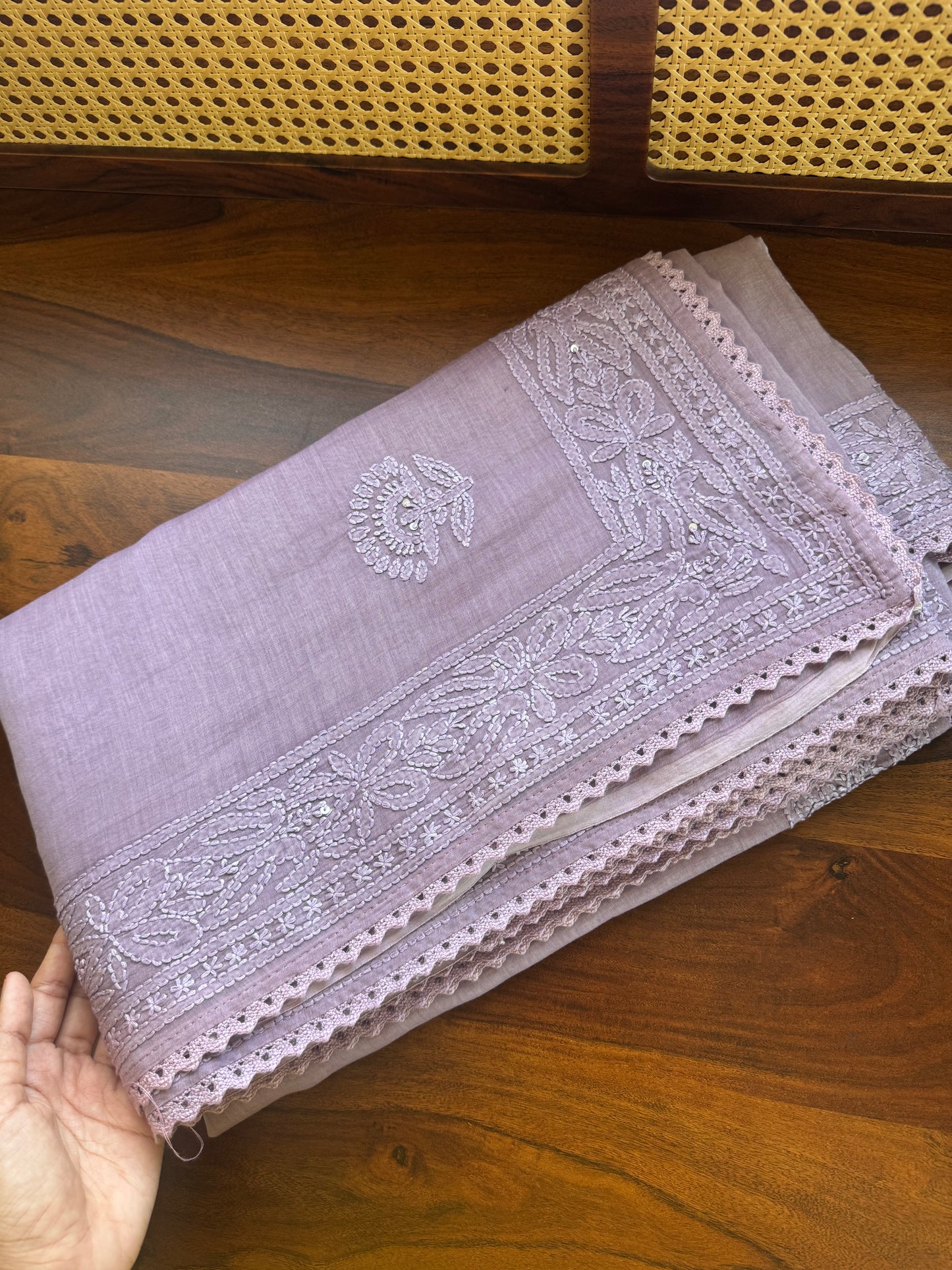 Pure Mul Chanderi Chikankari Saree - Lavender