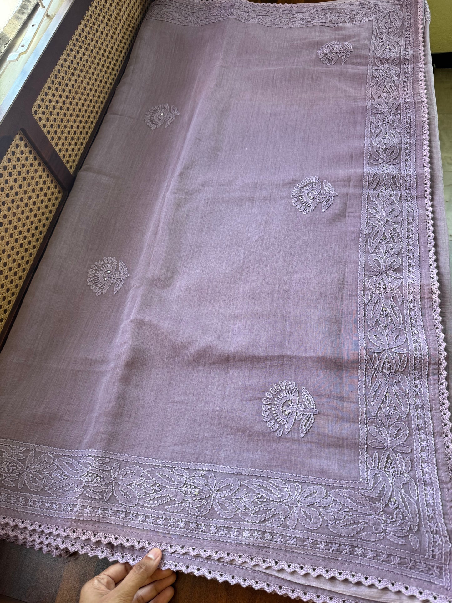 Pure Mul Chanderi Chikankari Saree - Lavender