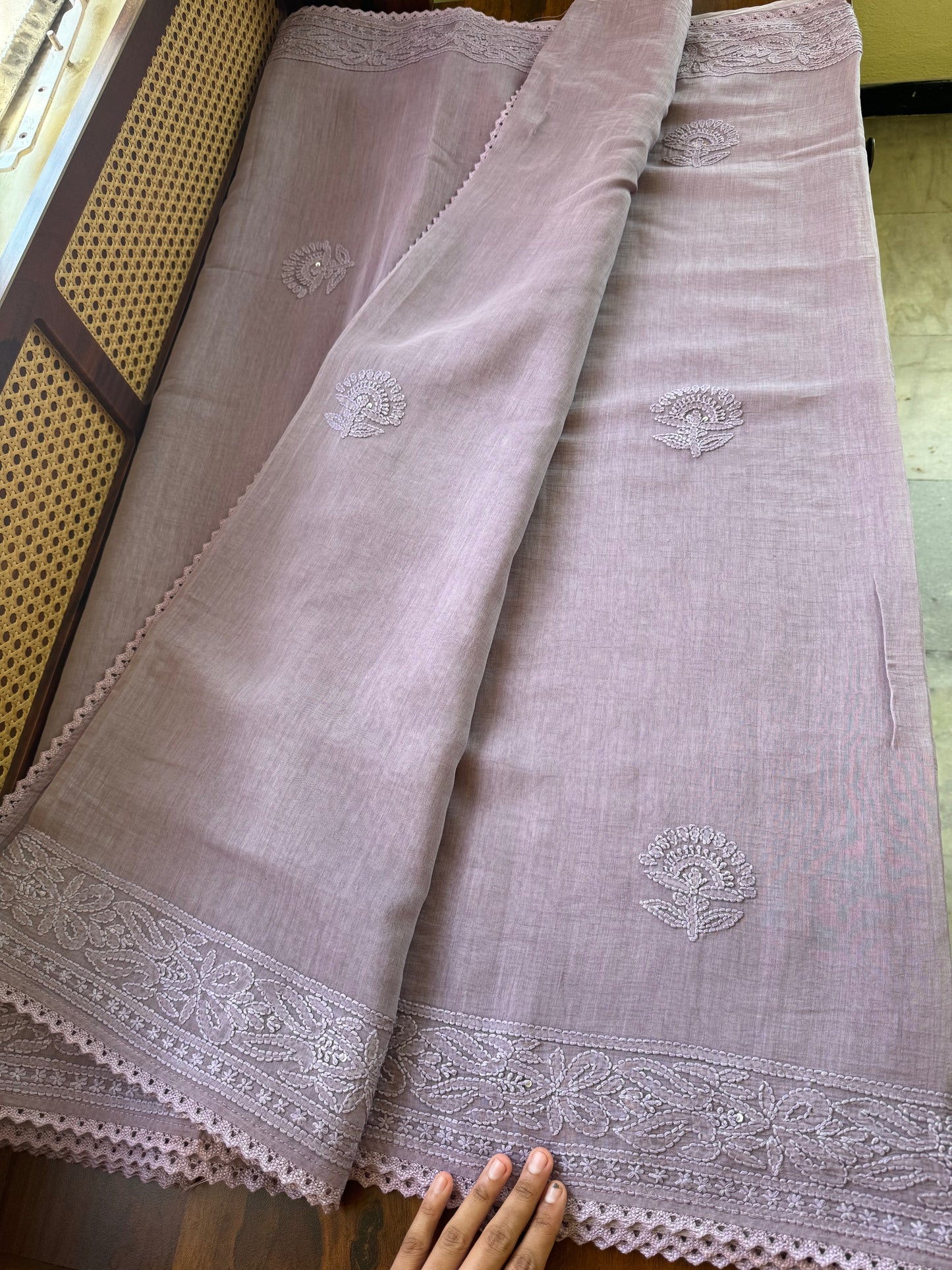 Pure Mul Chanderi Chikankari Saree - Lavender