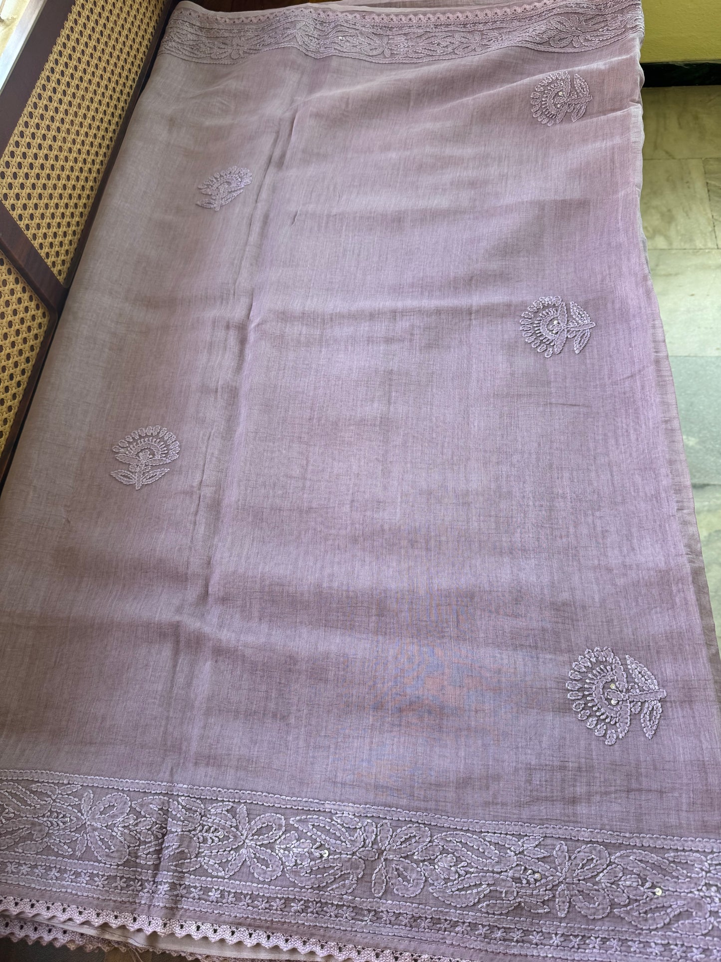 Pure Mul Chanderi Chikankari Saree - Lavender