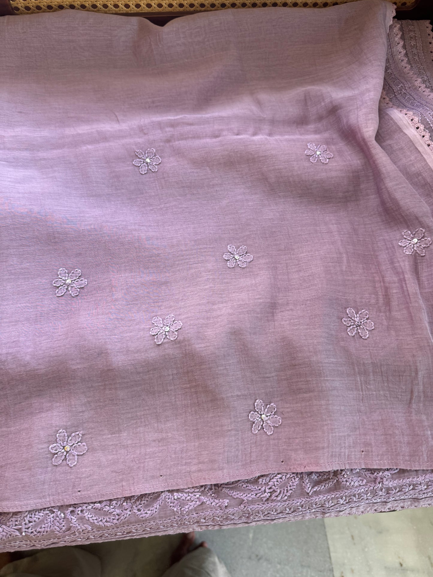 Pure Mul Chanderi Chikankari Saree - Lavender