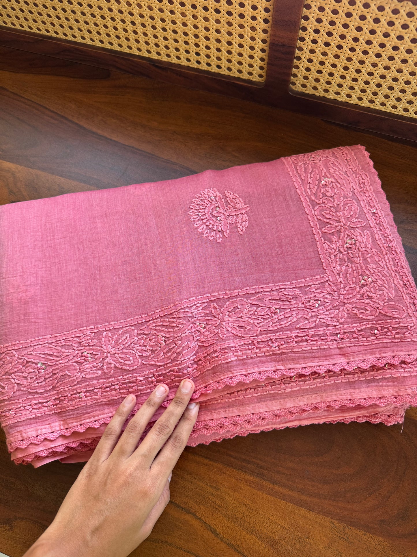 Pure Mul Chanderi Chikankari Saree - Peachish Pink