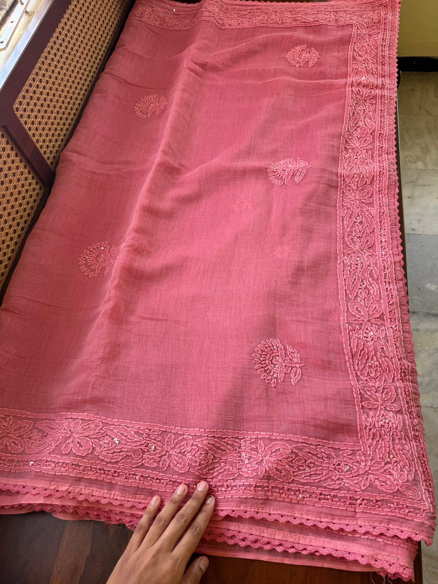 Pure Mul Chanderi Chikankari Saree - Peachish Pink