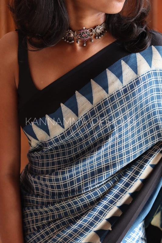 Ajrakh Modal Silk Saree - Blue