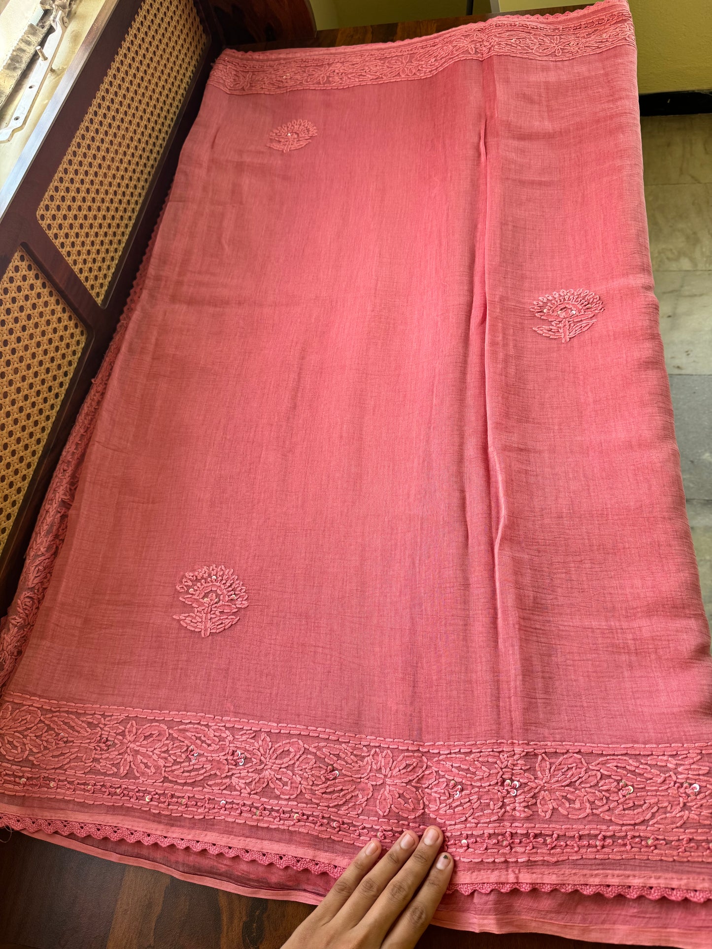 Pure Mul Chanderi Chikankari Saree - Peachish Pink