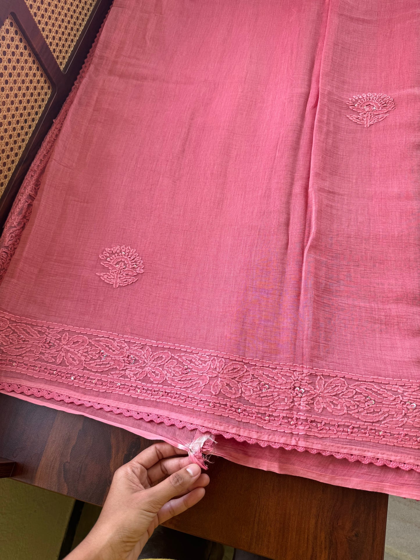 Pure Mul Chanderi Chikankari Saree - Peachish Pink