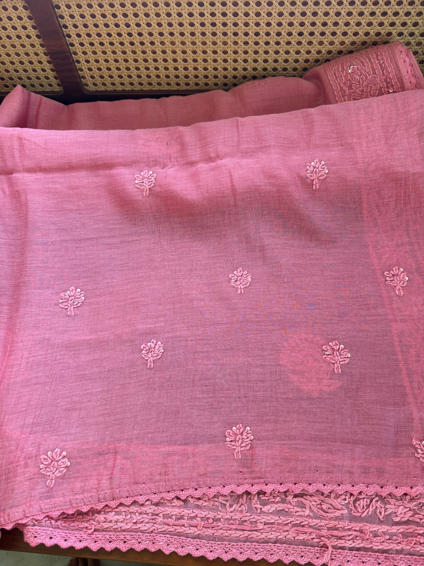 Pure Mul Chanderi Chikankari Saree - Peachish Pink