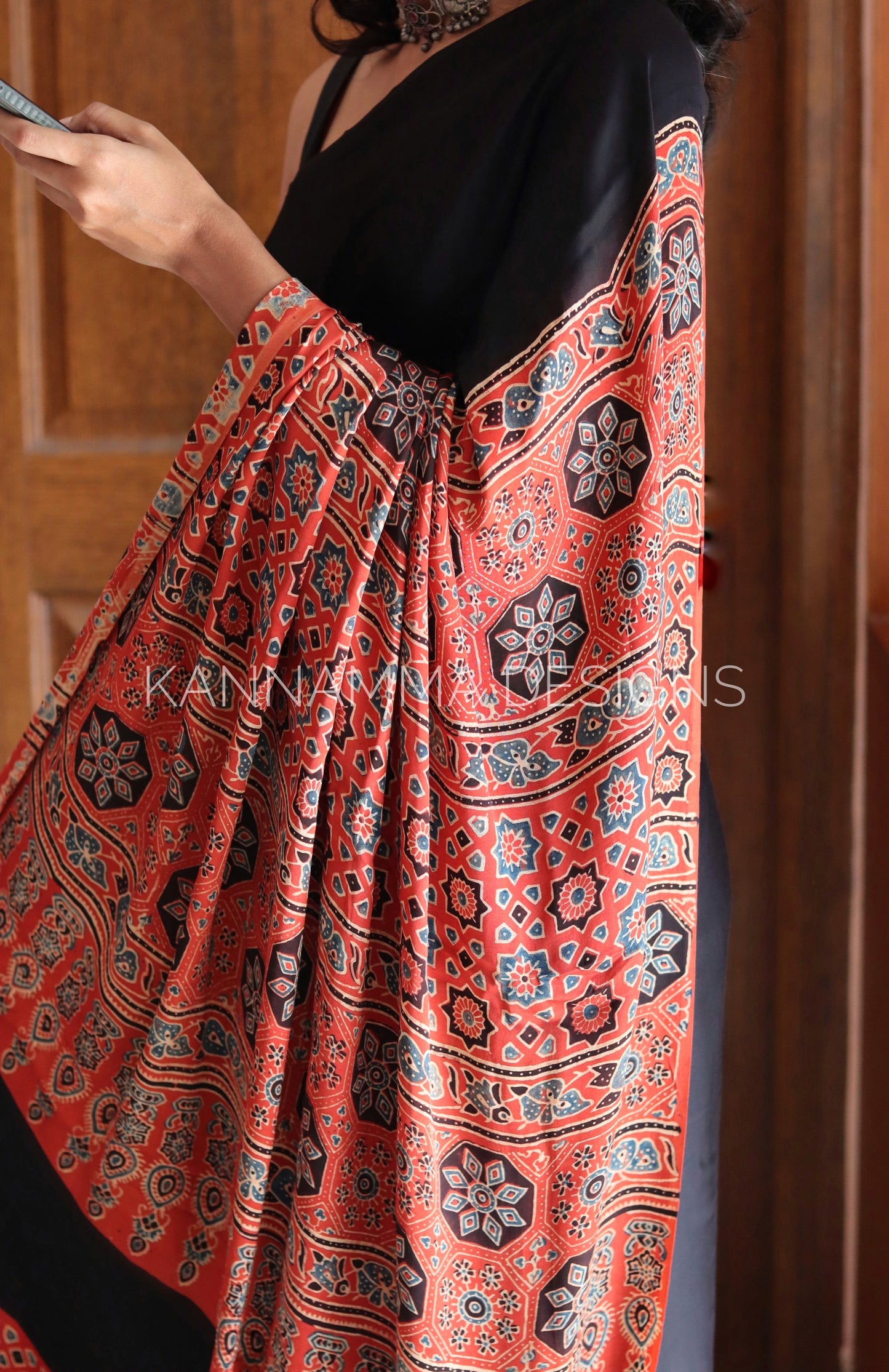 Ajrakh Modal Silk Saree - Black