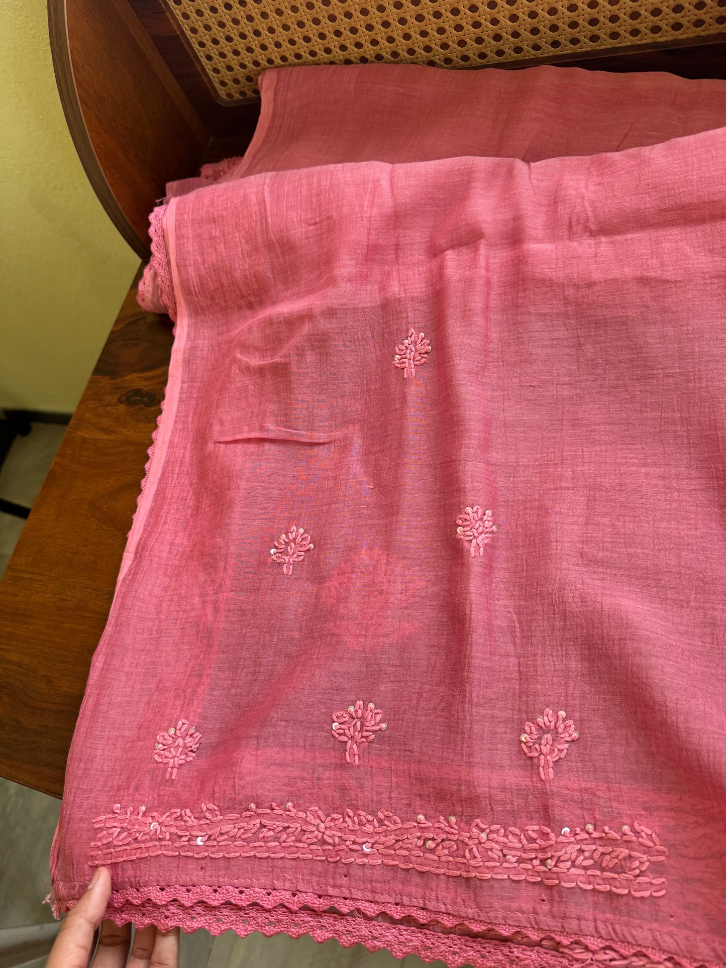 Pure Mul Chanderi Chikankari Saree - Peachish Pink