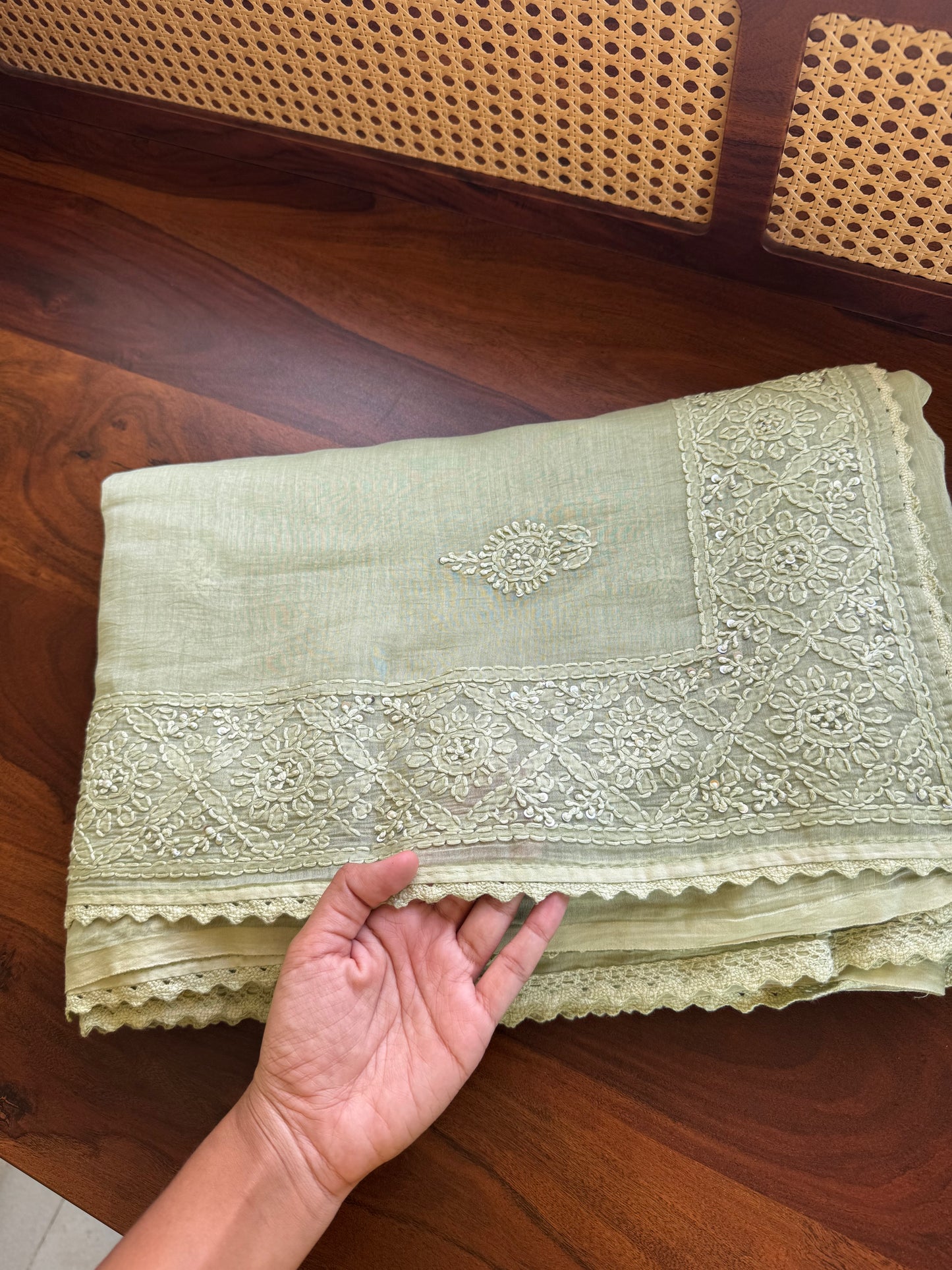 Pure Mul Chanderi Chikankari Saree - Pastel Green
