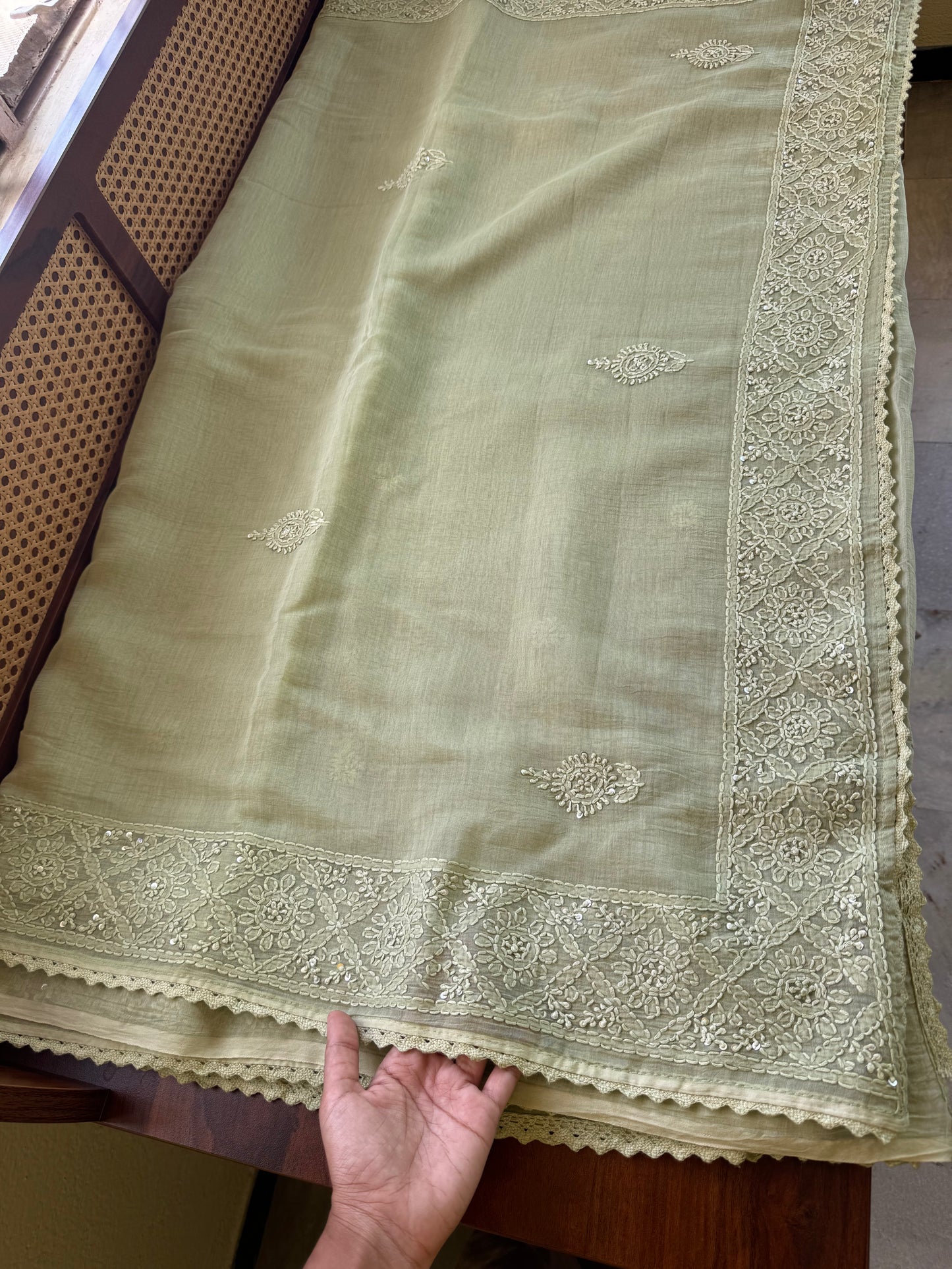 Pure Mul Chanderi Chikankari Saree - Pastel Green