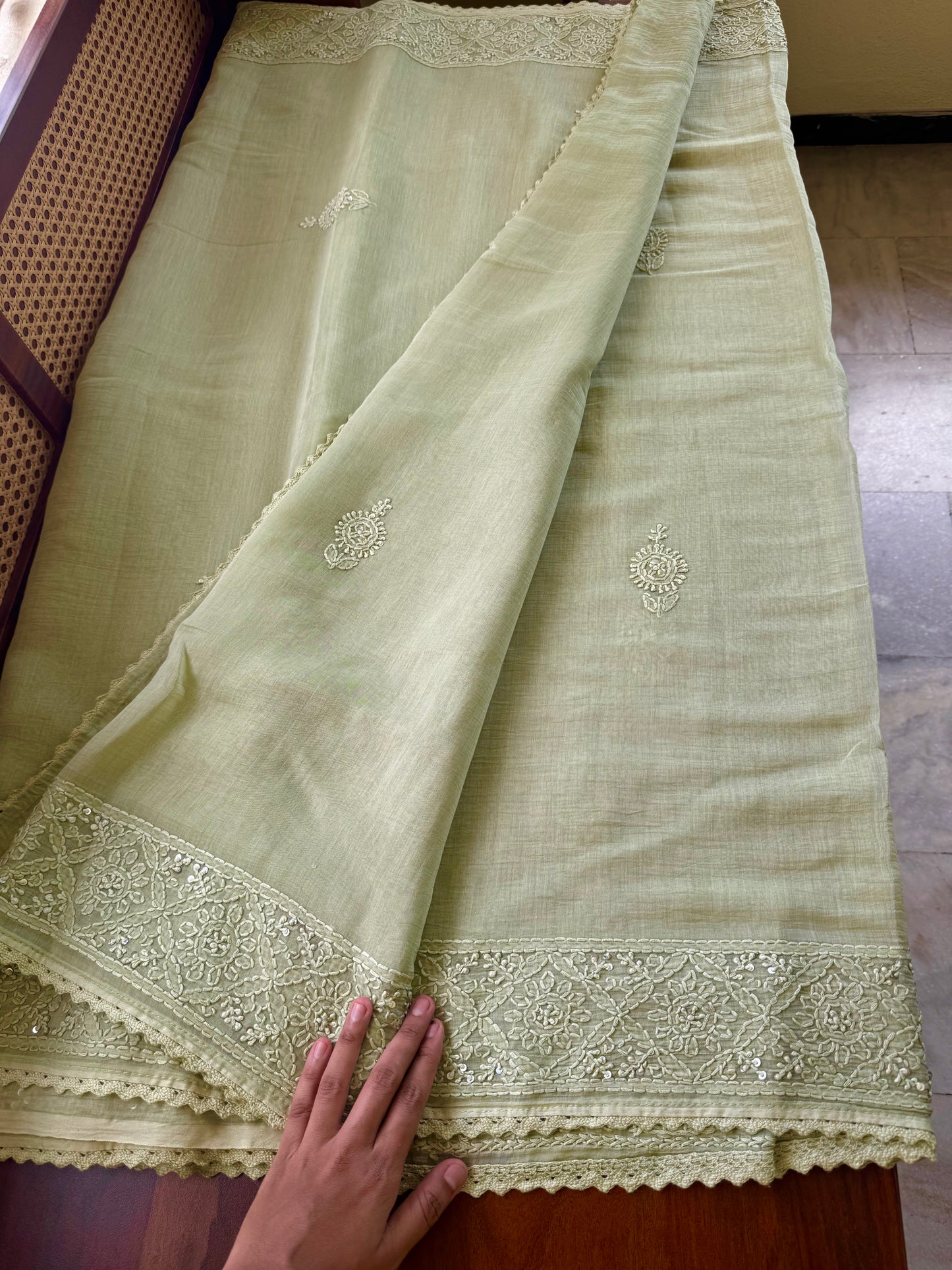 Pure Mul Chanderi Chikankari Saree - Pastel Green