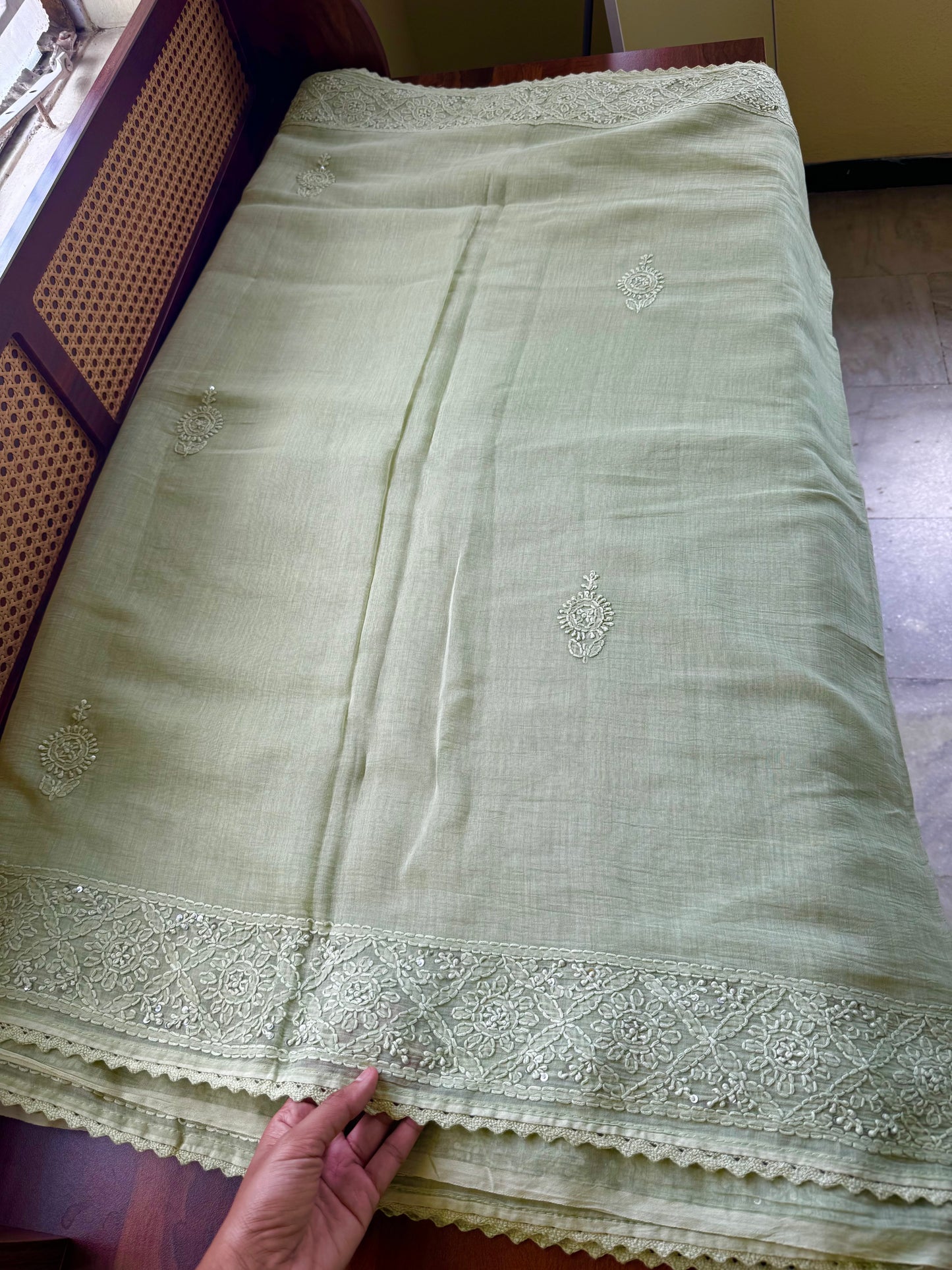 Pure Mul Chanderi Chikankari Saree - Pastel Green