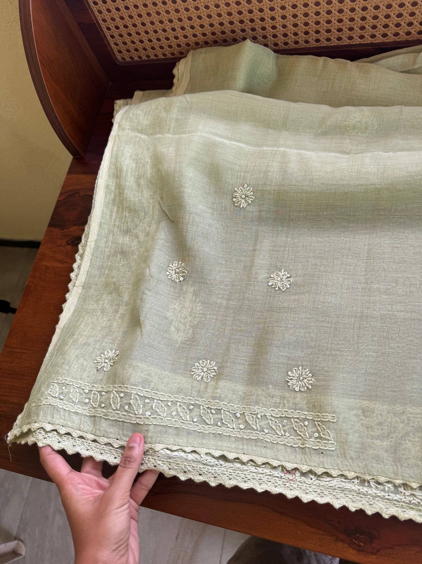 Pure Mul Chanderi Chikankari Saree - Pastel Green