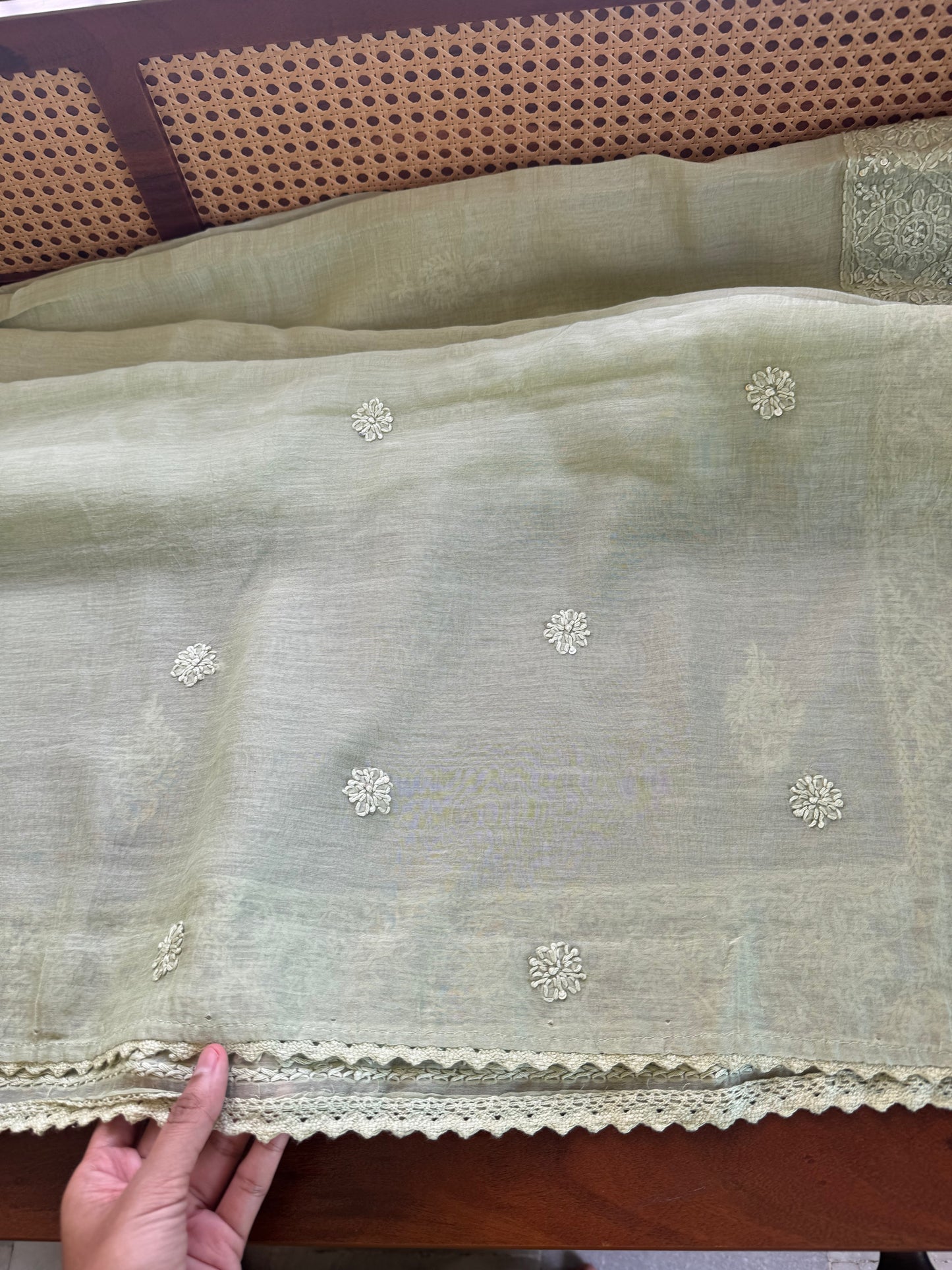 Pure Mul Chanderi Chikankari Saree - Pastel Green