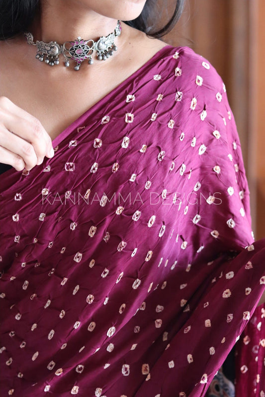 Ajrakh Bandhini Modal Silk Saree - Wine Purple