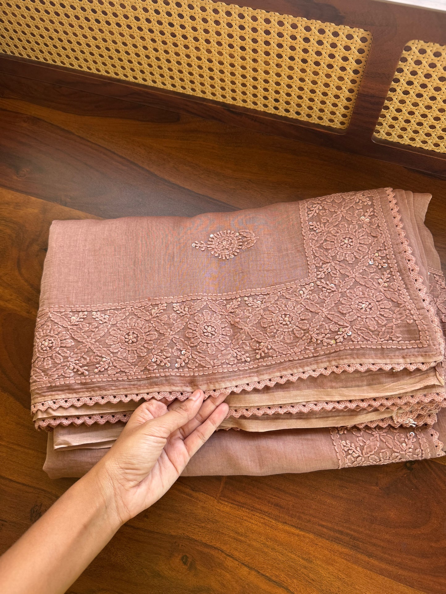Pure Mul Chanderi Chikankari Saree - Mauve Brown