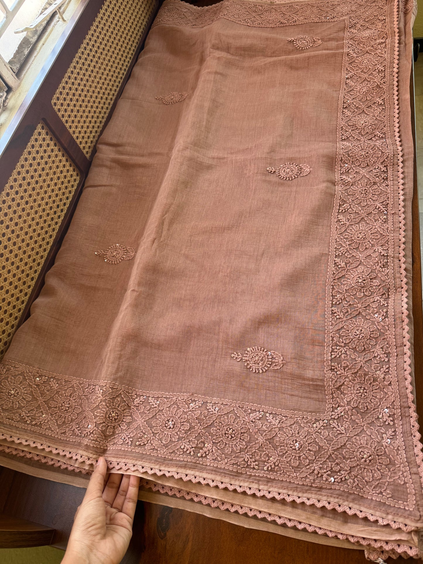 Pure Mul Chanderi Chikankari Saree - Mauve Brown