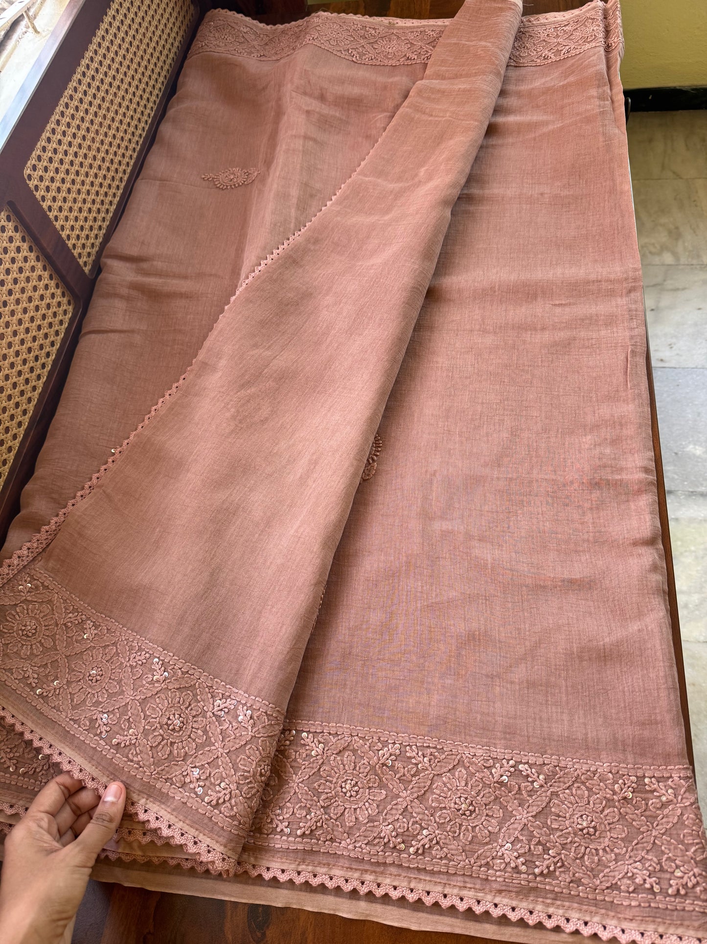 Pure Mul Chanderi Chikankari Saree - Mauve Brown