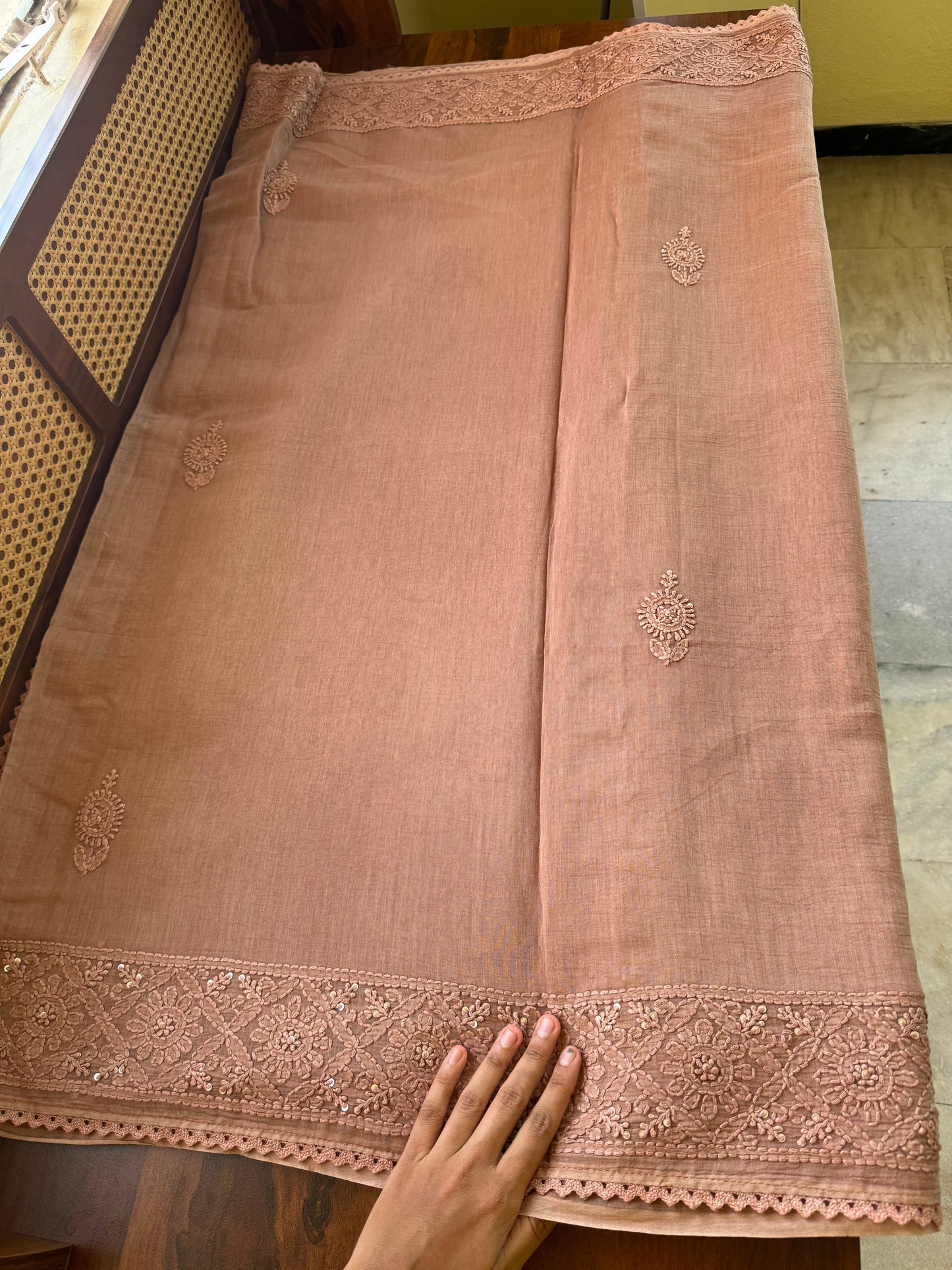 Pure Mul Chanderi Chikankari Saree - Mauve Brown