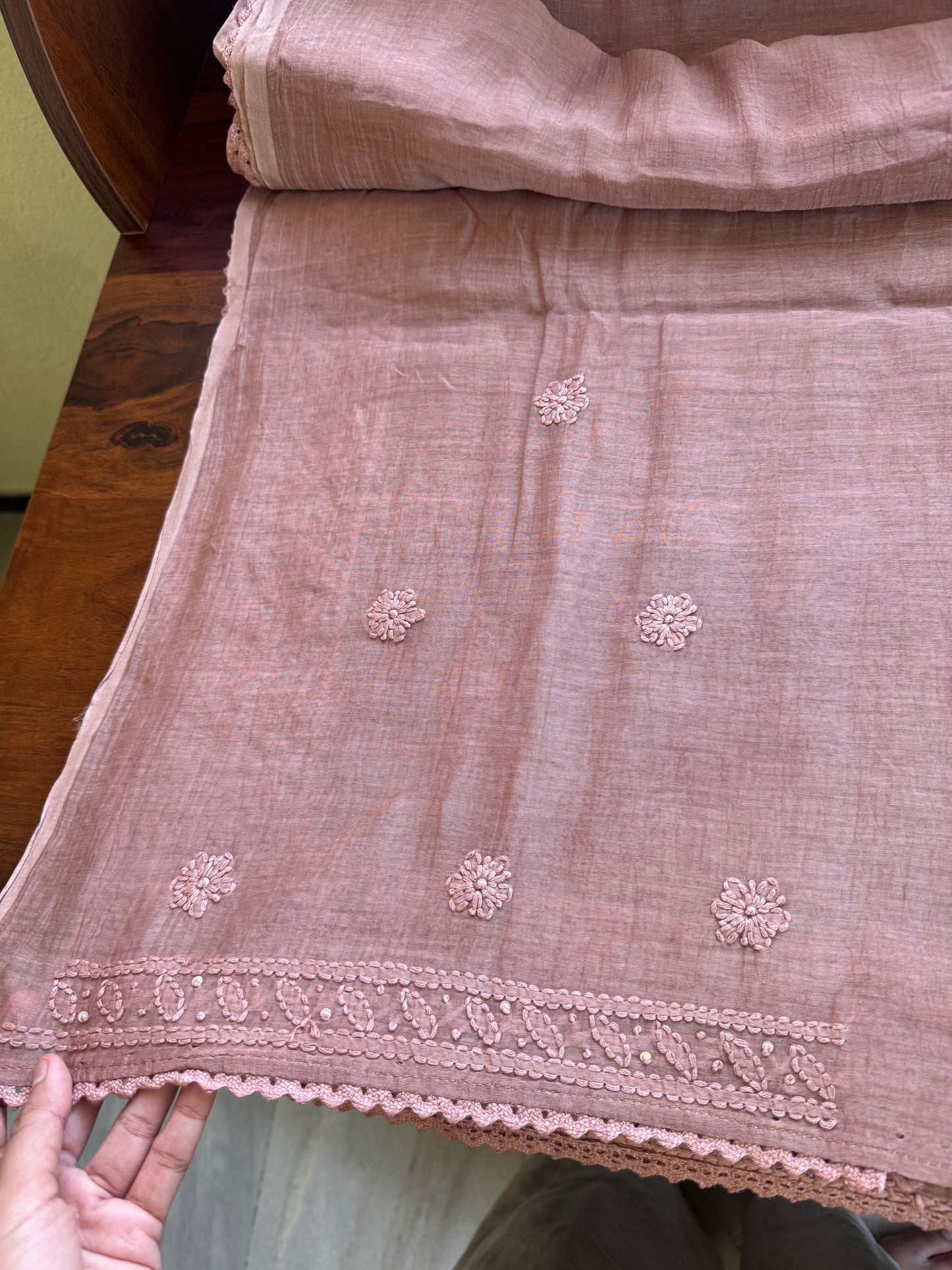 Pure Mul Chanderi Chikankari Saree - Mauve Brown