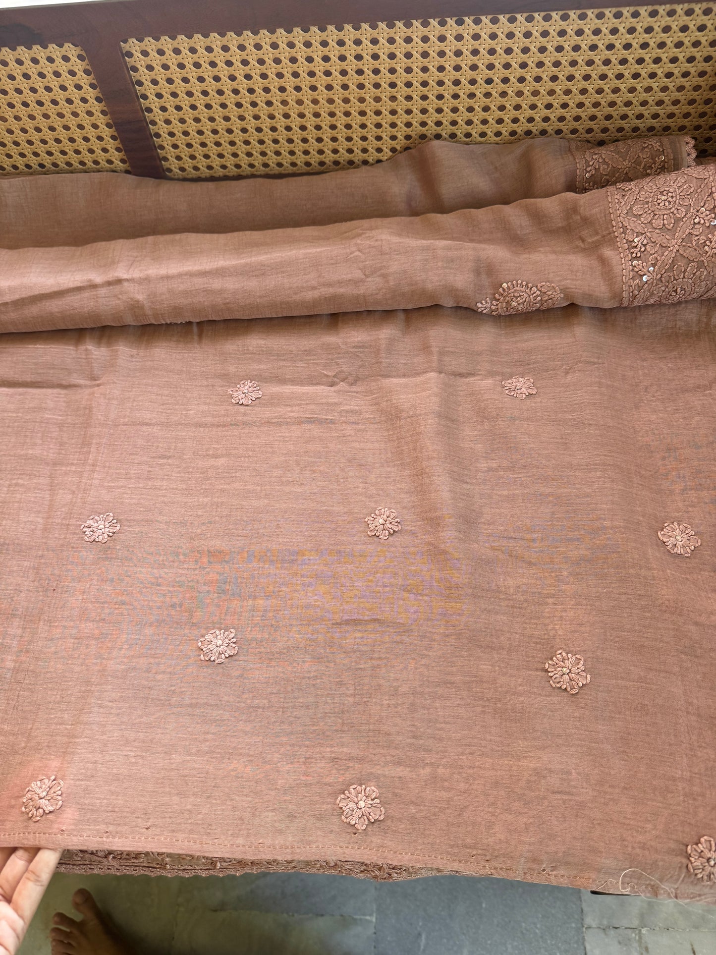 Pure Mul Chanderi Chikankari Saree - Mauve Brown