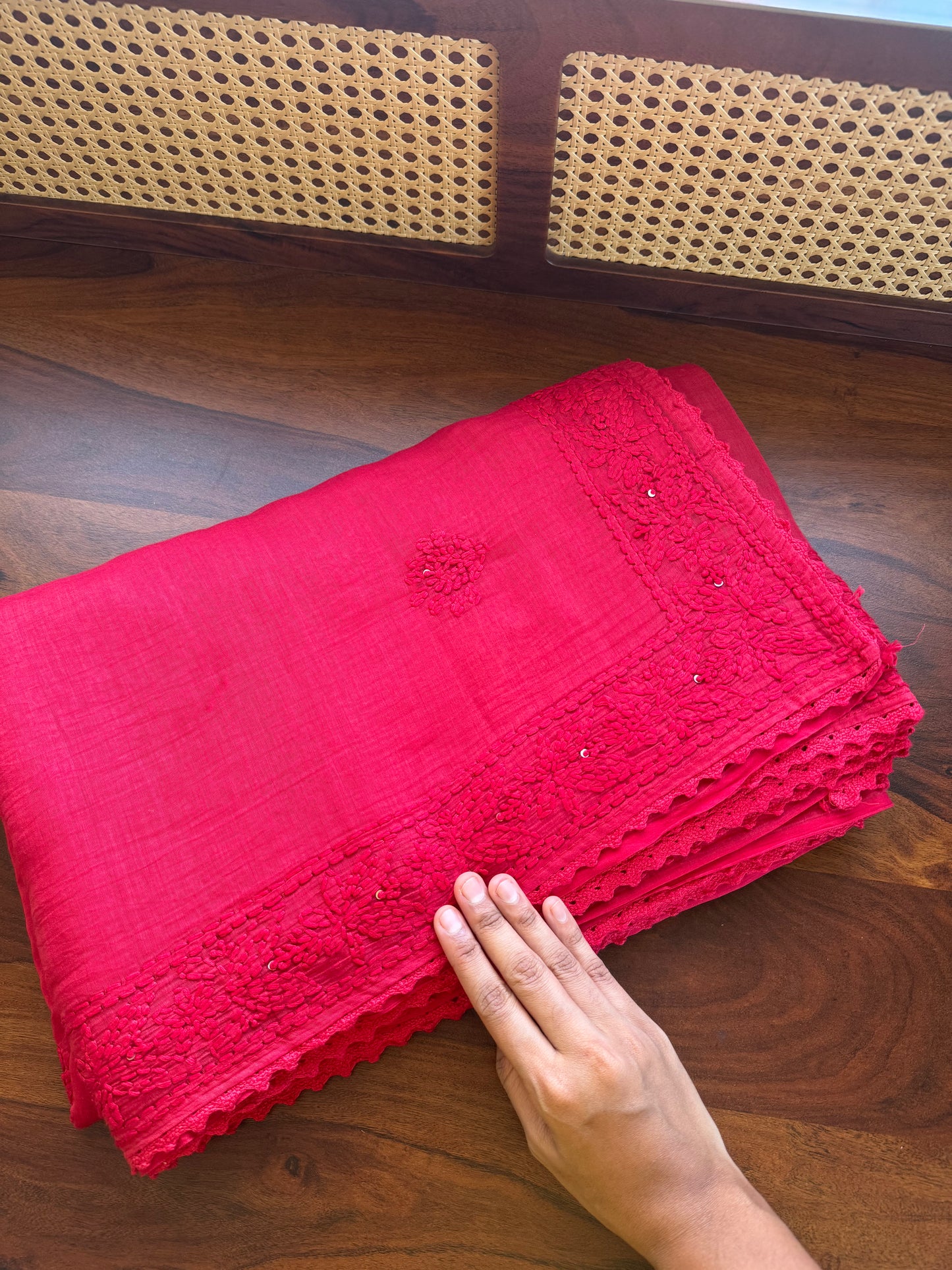 Pure Mul Chanderi Chikankari Saree - Crimson Red