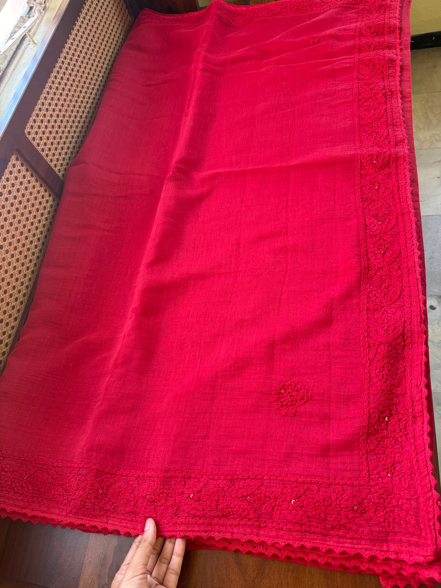 Pure Mul Chanderi Chikankari Saree - Crimson Red