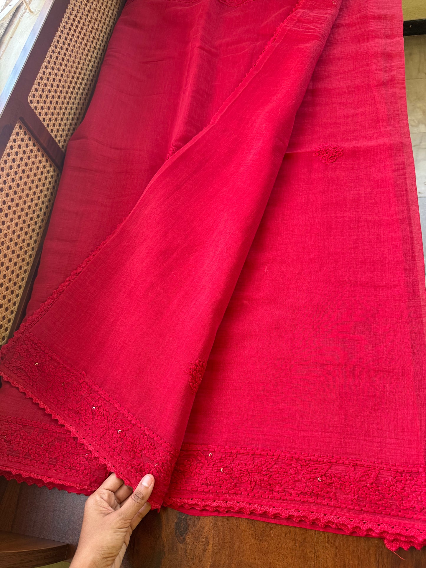 Pure Mul Chanderi Chikankari Saree - Crimson Red