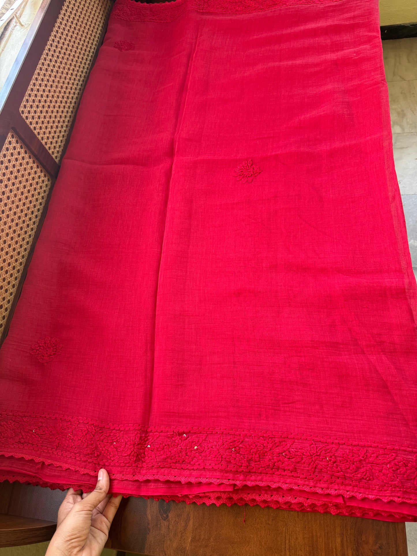 Pure Mul Chanderi Chikankari Saree - Crimson Red