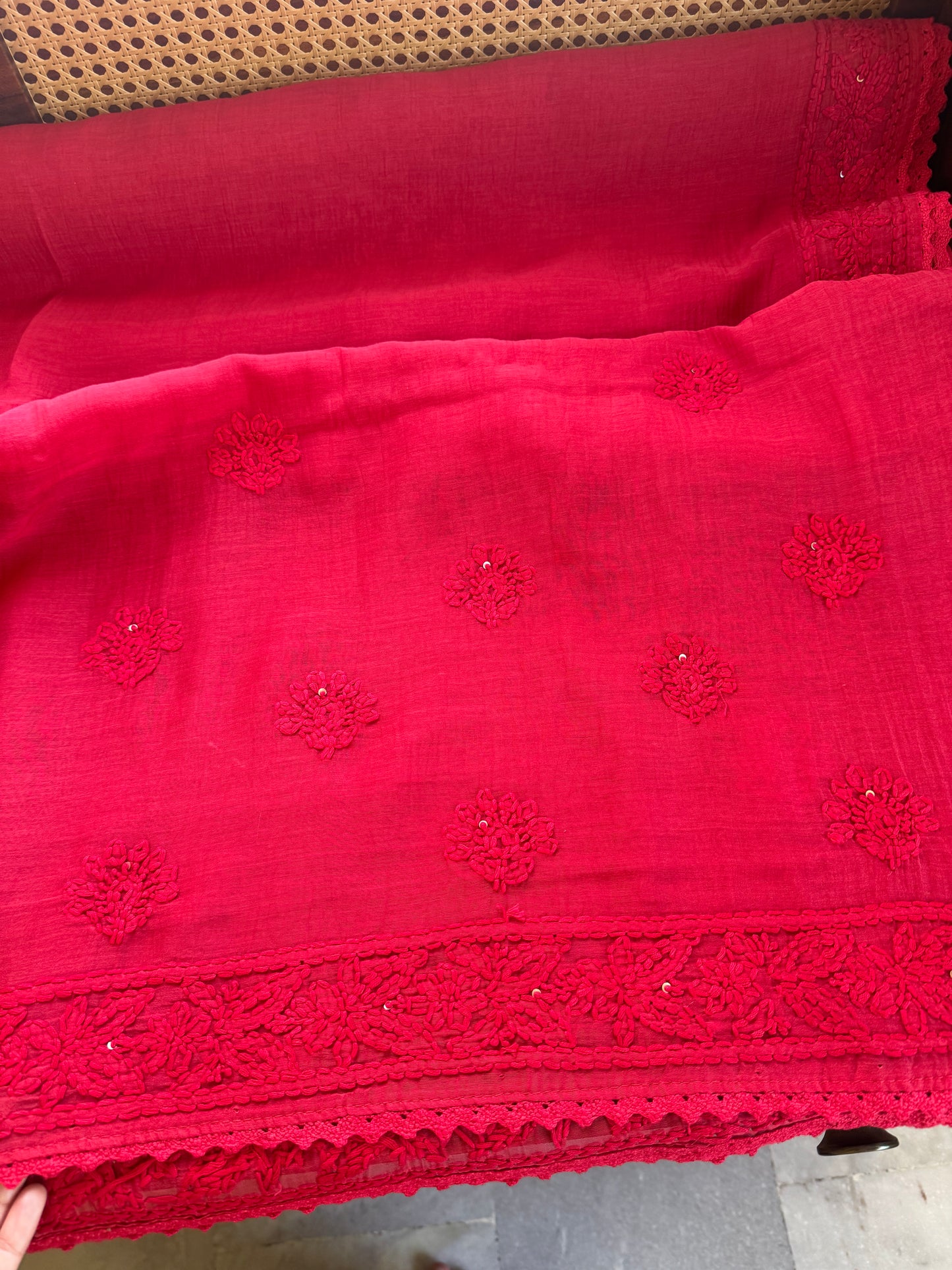 Pure Mul Chanderi Chikankari Saree - Crimson Red