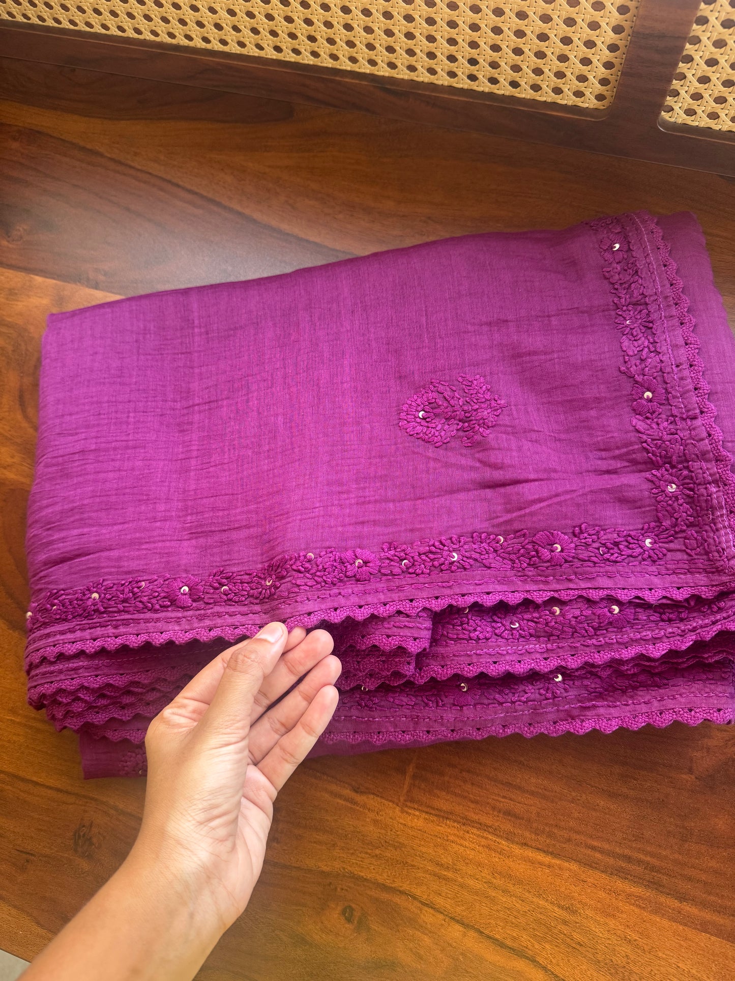 Pure Mul Chanderi Chikankari Saree with heavy blouse - Purple