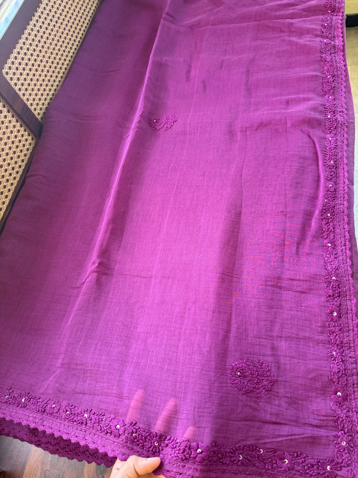 Pure Mul Chanderi Chikankari Saree with heavy blouse - Purple