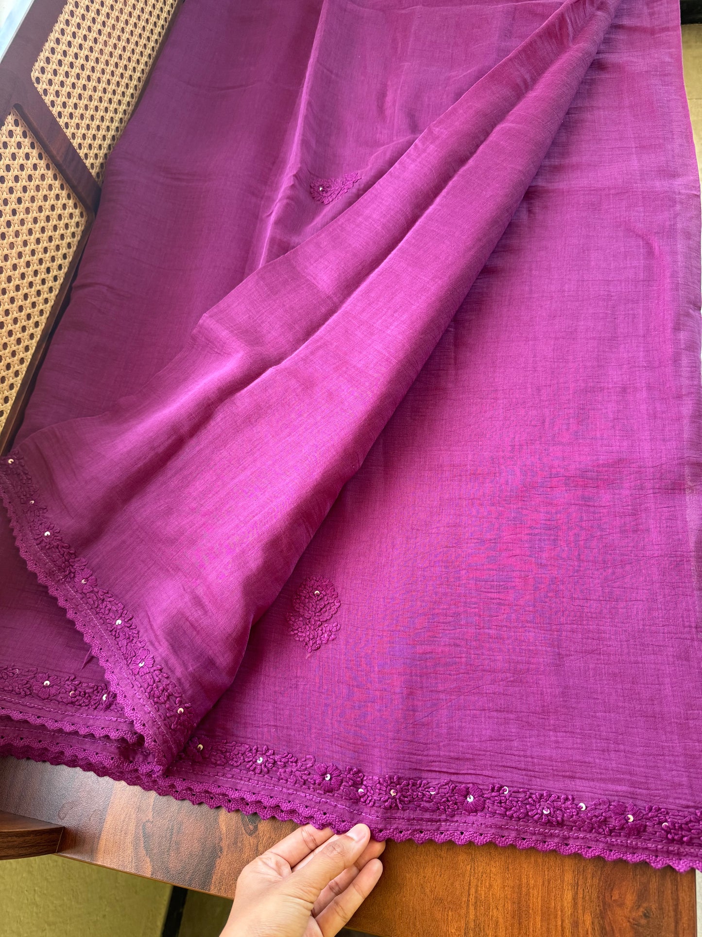 Pure Mul Chanderi Chikankari Saree with heavy blouse - Purple